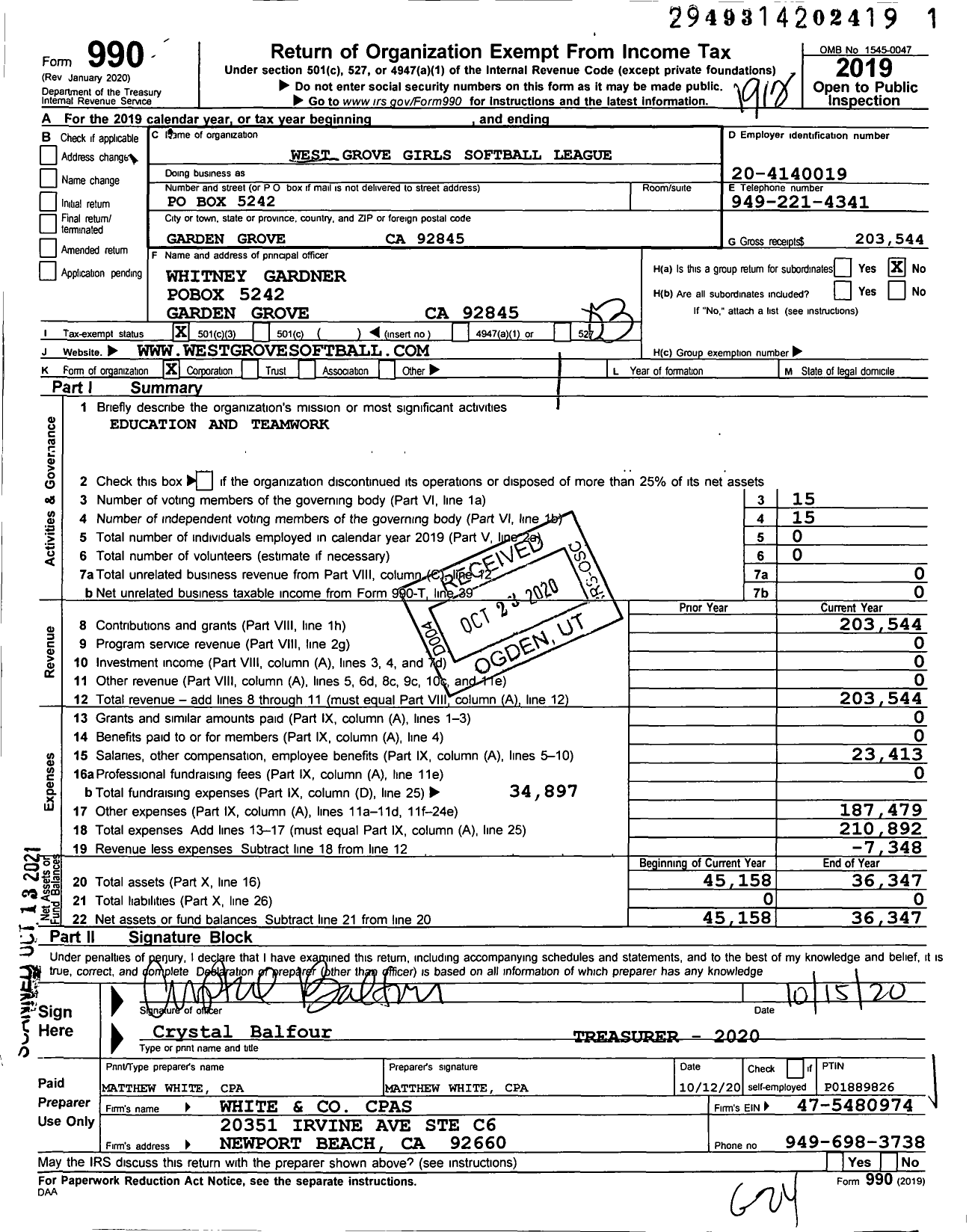 Image of first page of 2019 Form 990 for West Grove Girls Softball League