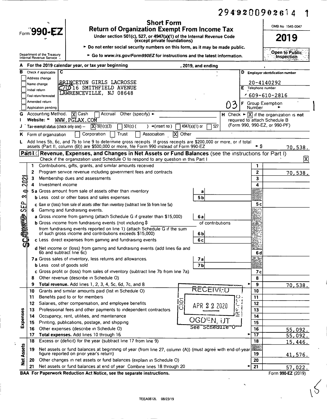 Image of first page of 2019 Form 990EZ for Princeton Girls Lacrosse