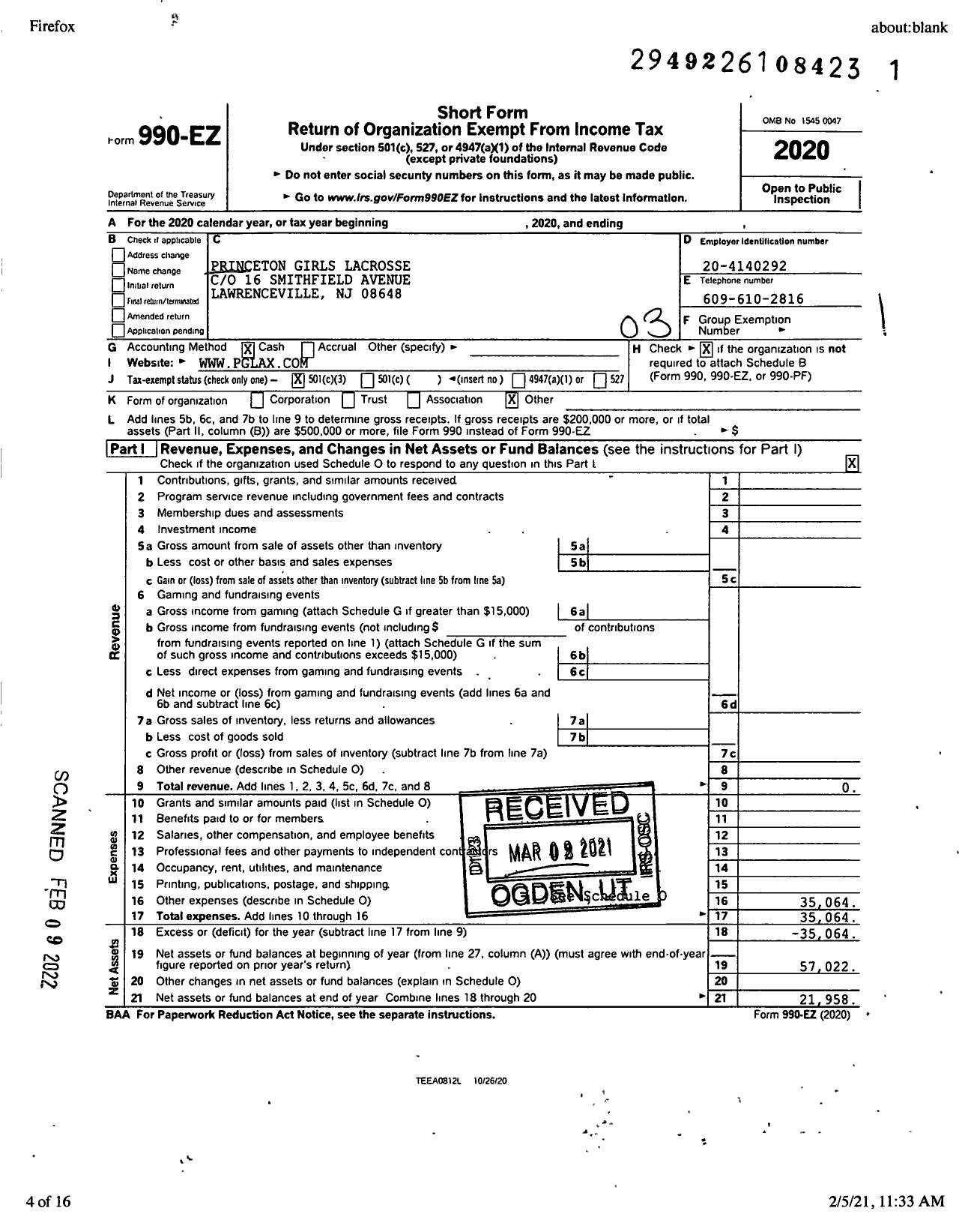 Image of first page of 2020 Form 990EZ for Princeton Girls Lacrosse