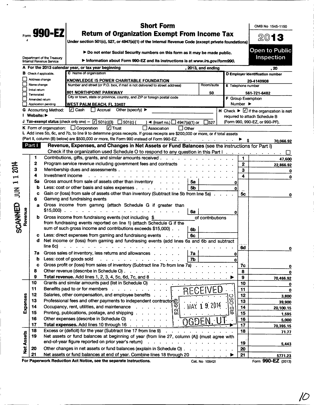 Image of first page of 2013 Form 990EZ for Knowlege Is Power Charitable Foundation