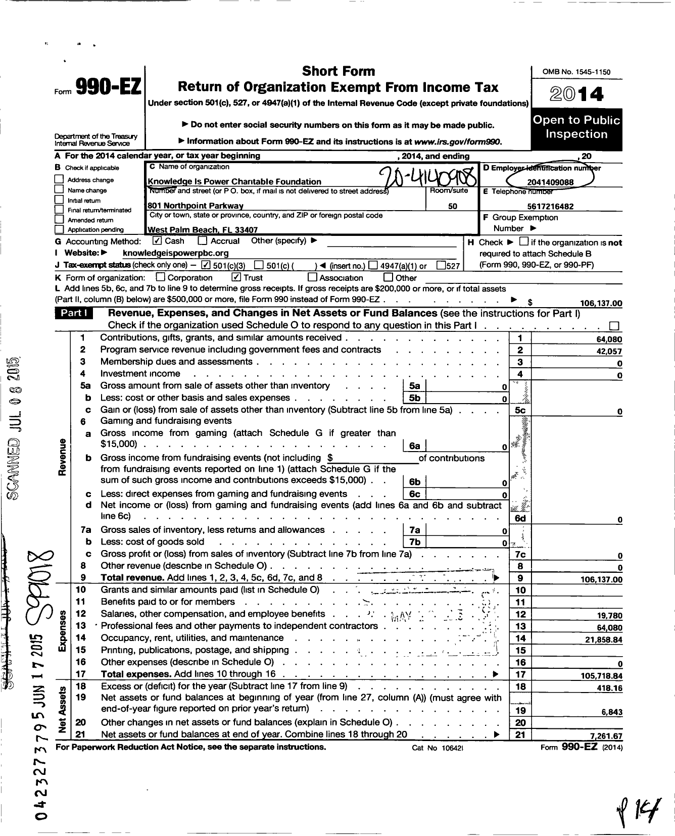 Image of first page of 2014 Form 990EZ for Knowlege Is Power Charitable Foundation