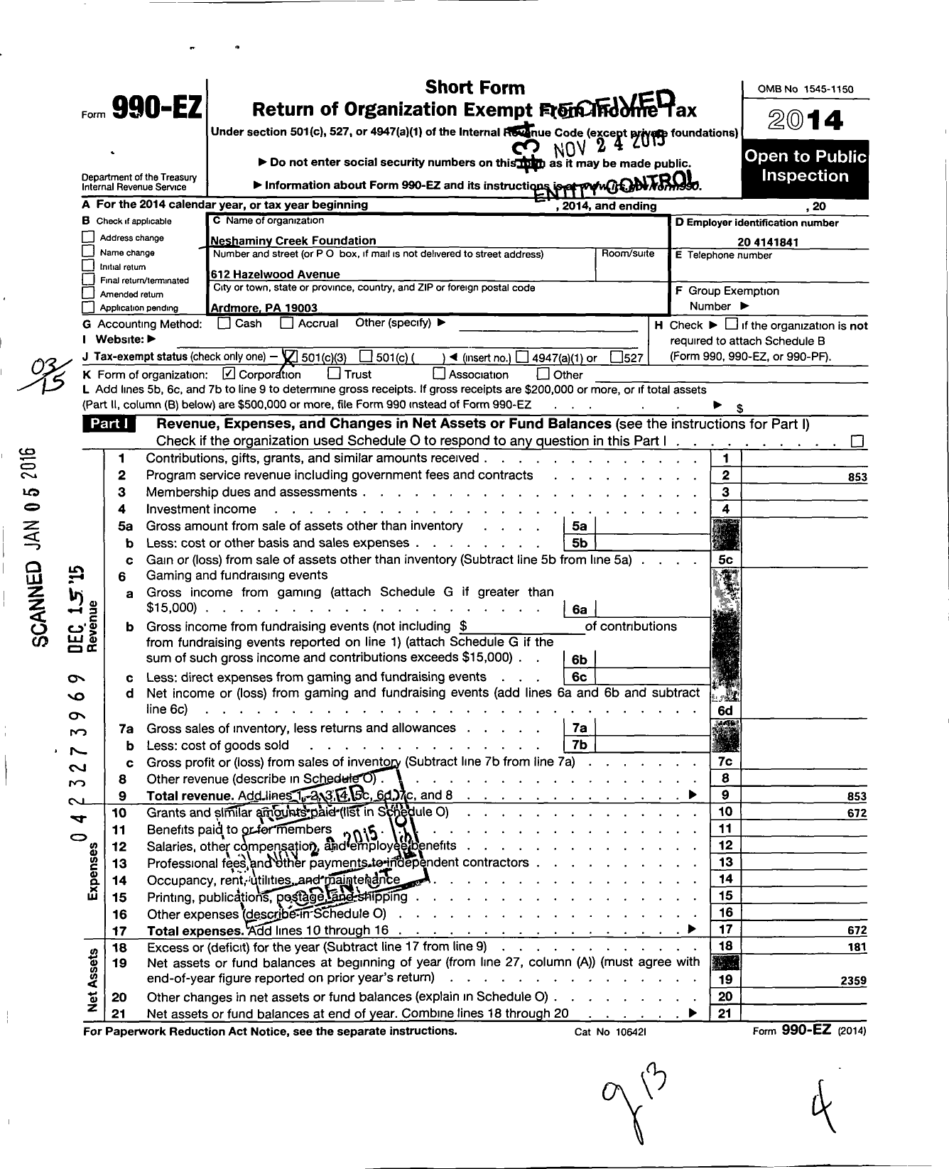 Image of first page of 2014 Form 990EZ for Neshaminy Creek Foundation
