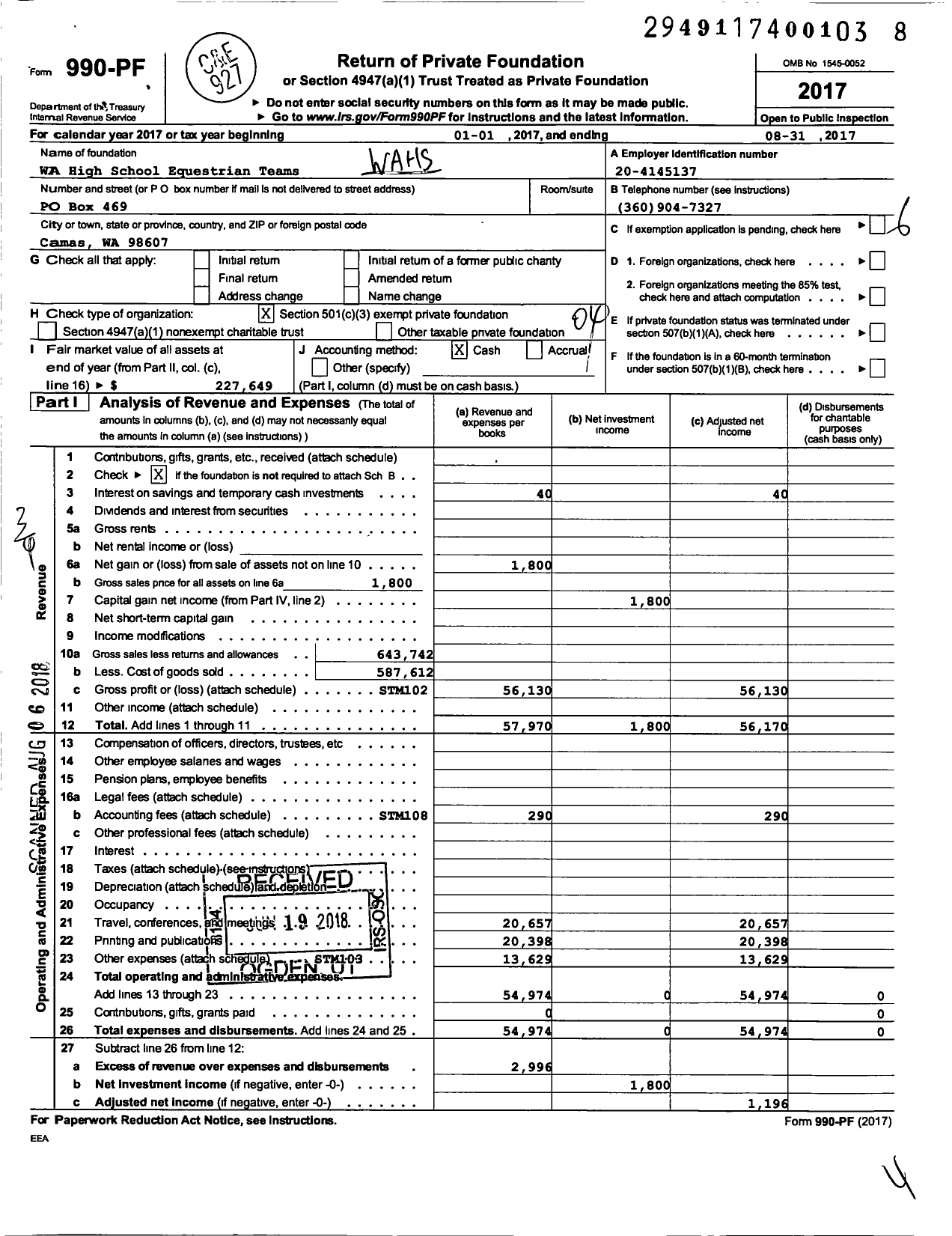 Image of first page of 2016 Form 990PF for WA High School Equestrian Teams (WAHSET)