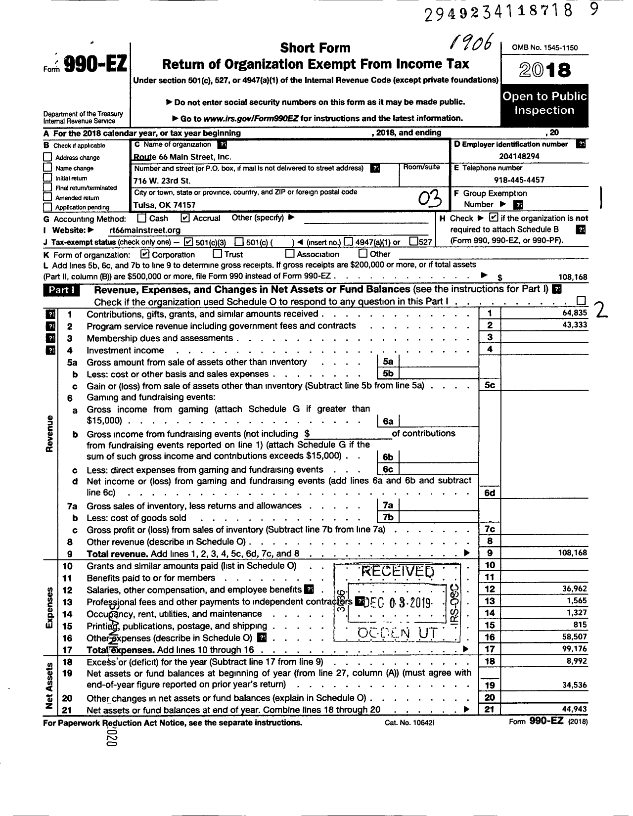 Image of first page of 2018 Form 990EZ for Route 66 Main Street