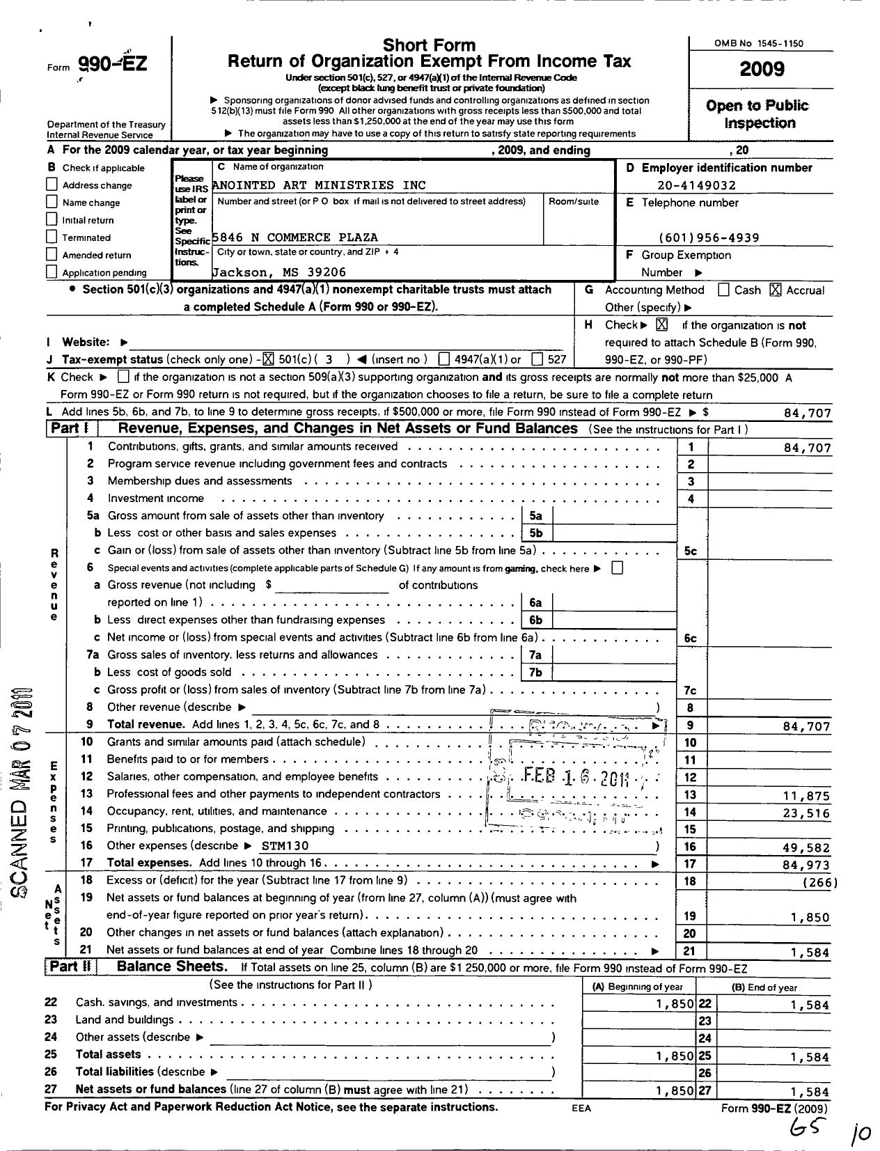 Image of first page of 2009 Form 990EZ for Anointed Art Ministries