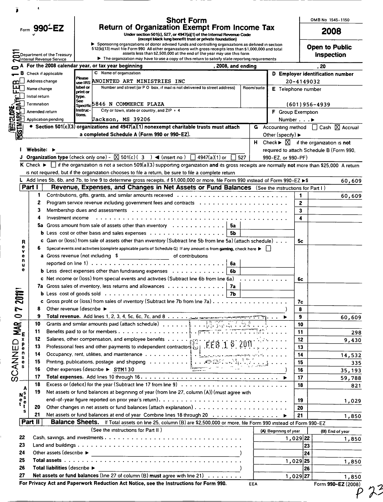 Image of first page of 2008 Form 990EZ for Anointed Art Ministries