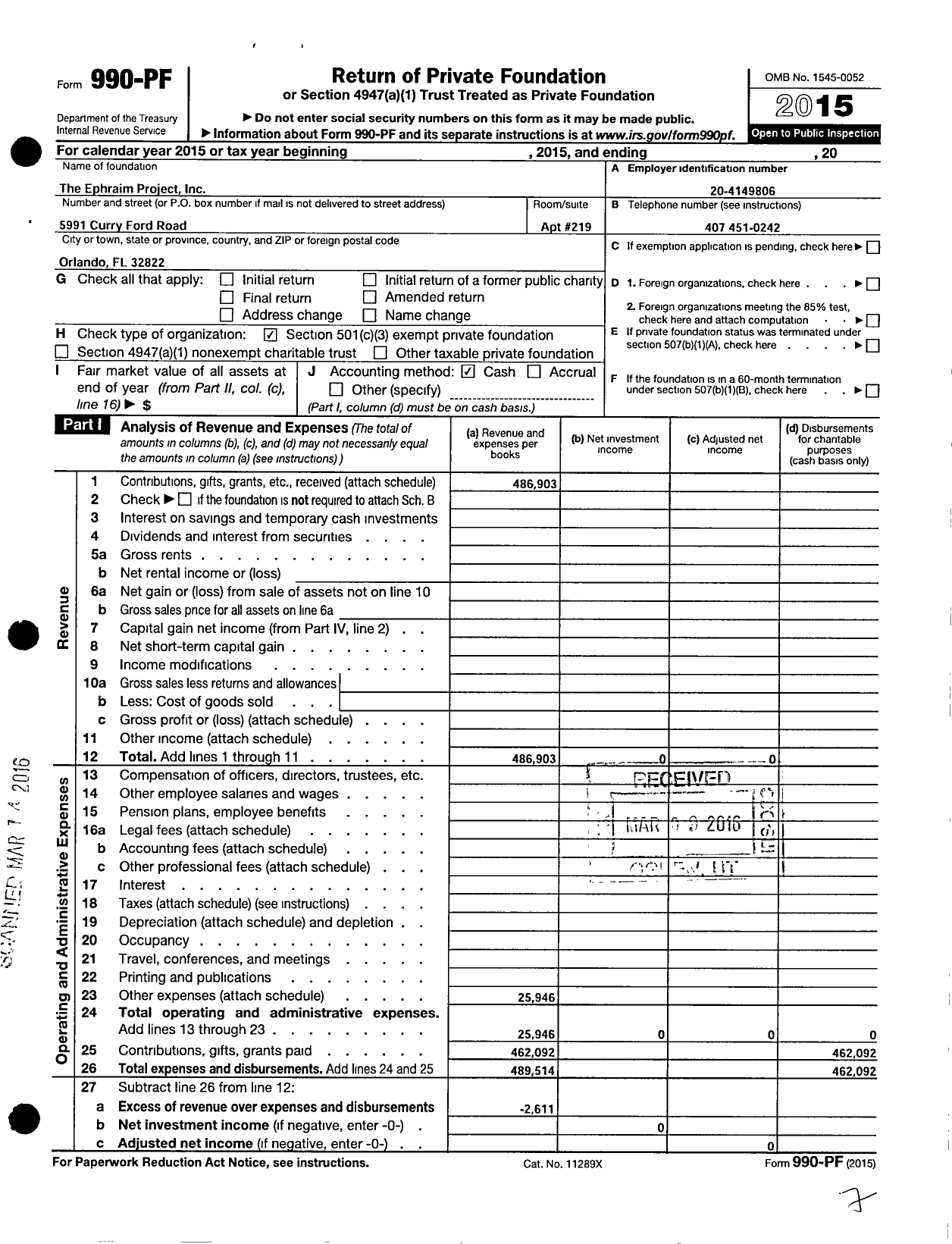 Image of first page of 2015 Form 990PF for The Ephraim Project