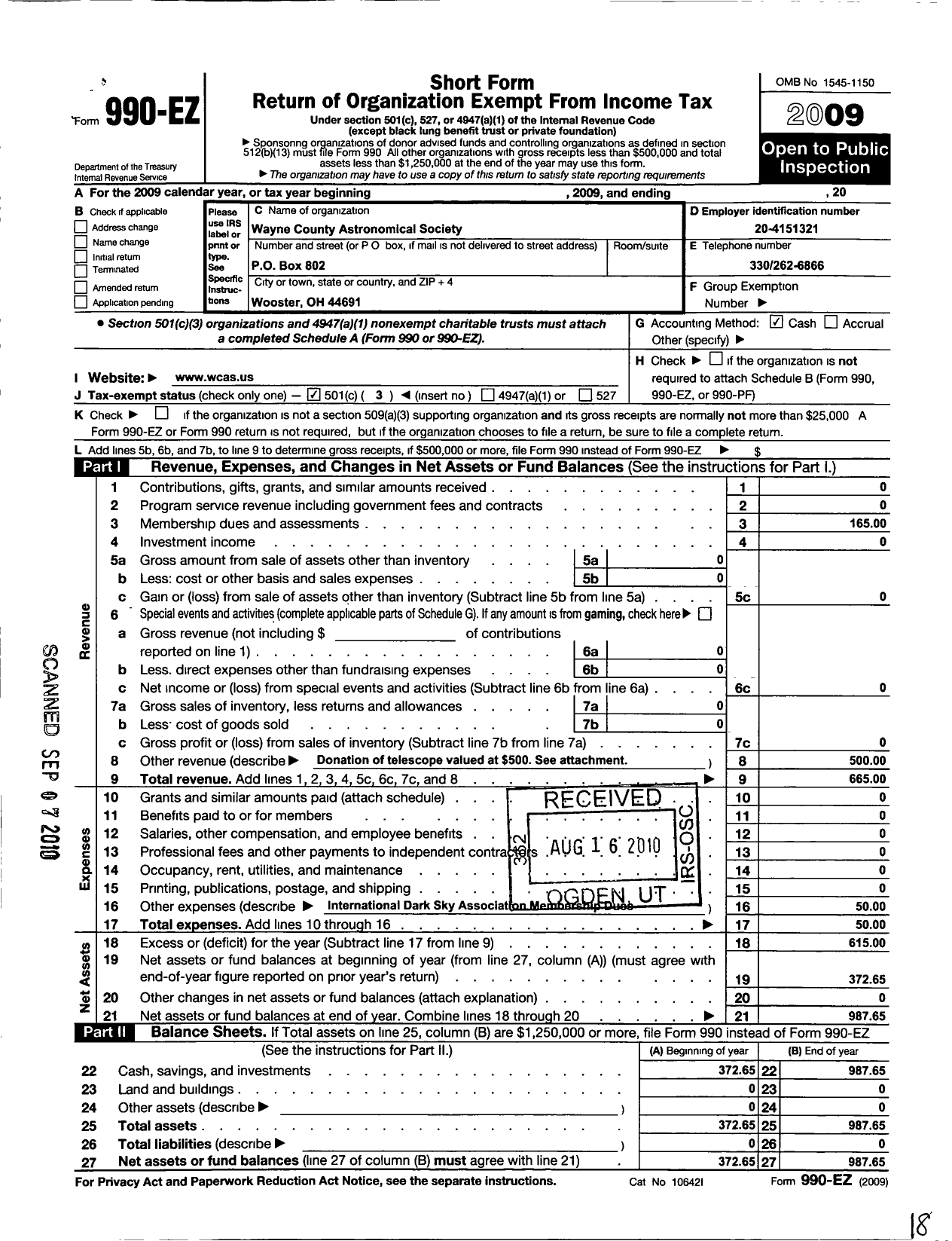 Image of first page of 2009 Form 990EZ for Wayne County Astronomical Society