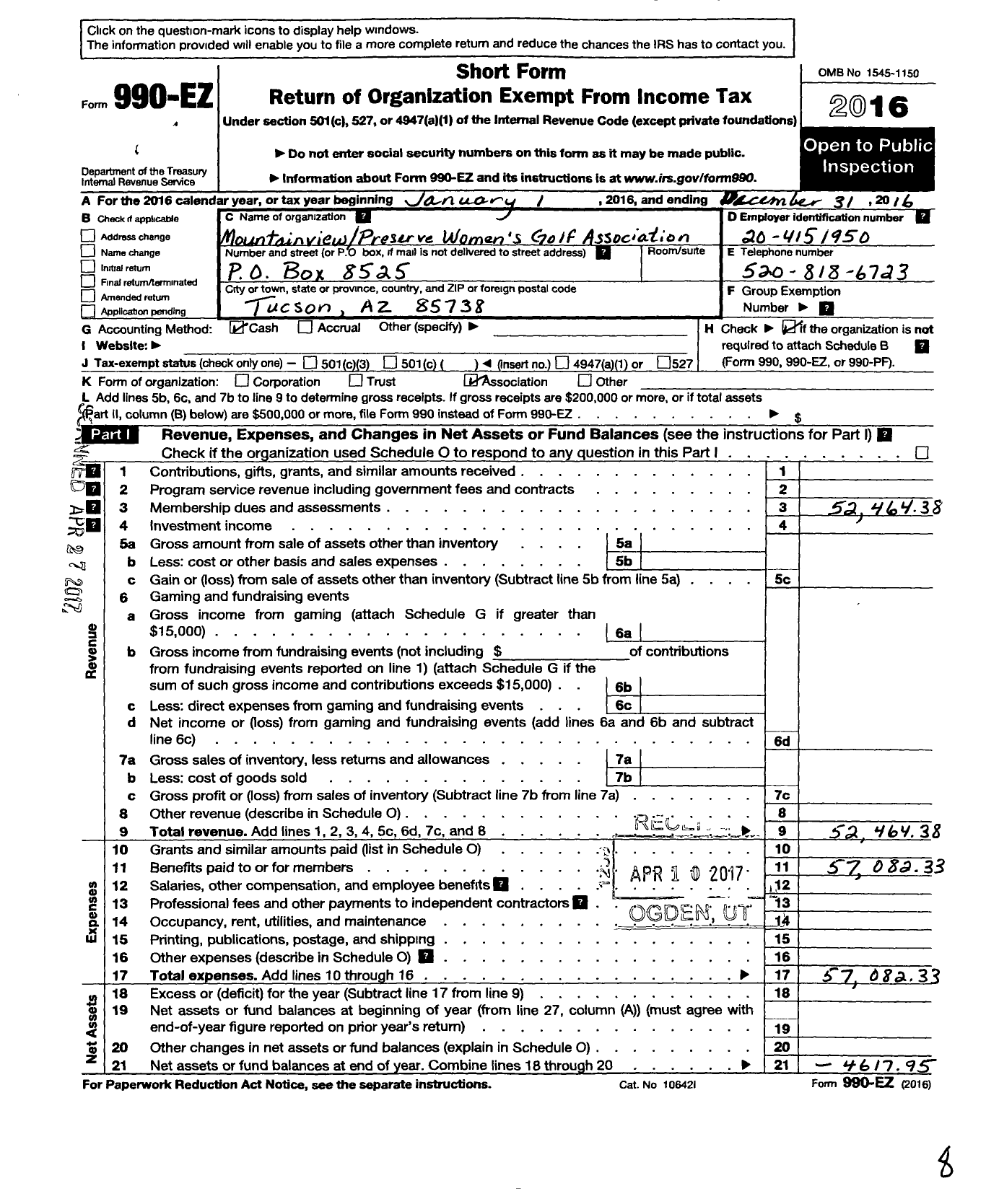 Image of first page of 2016 Form 990EO for Mountainview Preserve Womens Golf Association