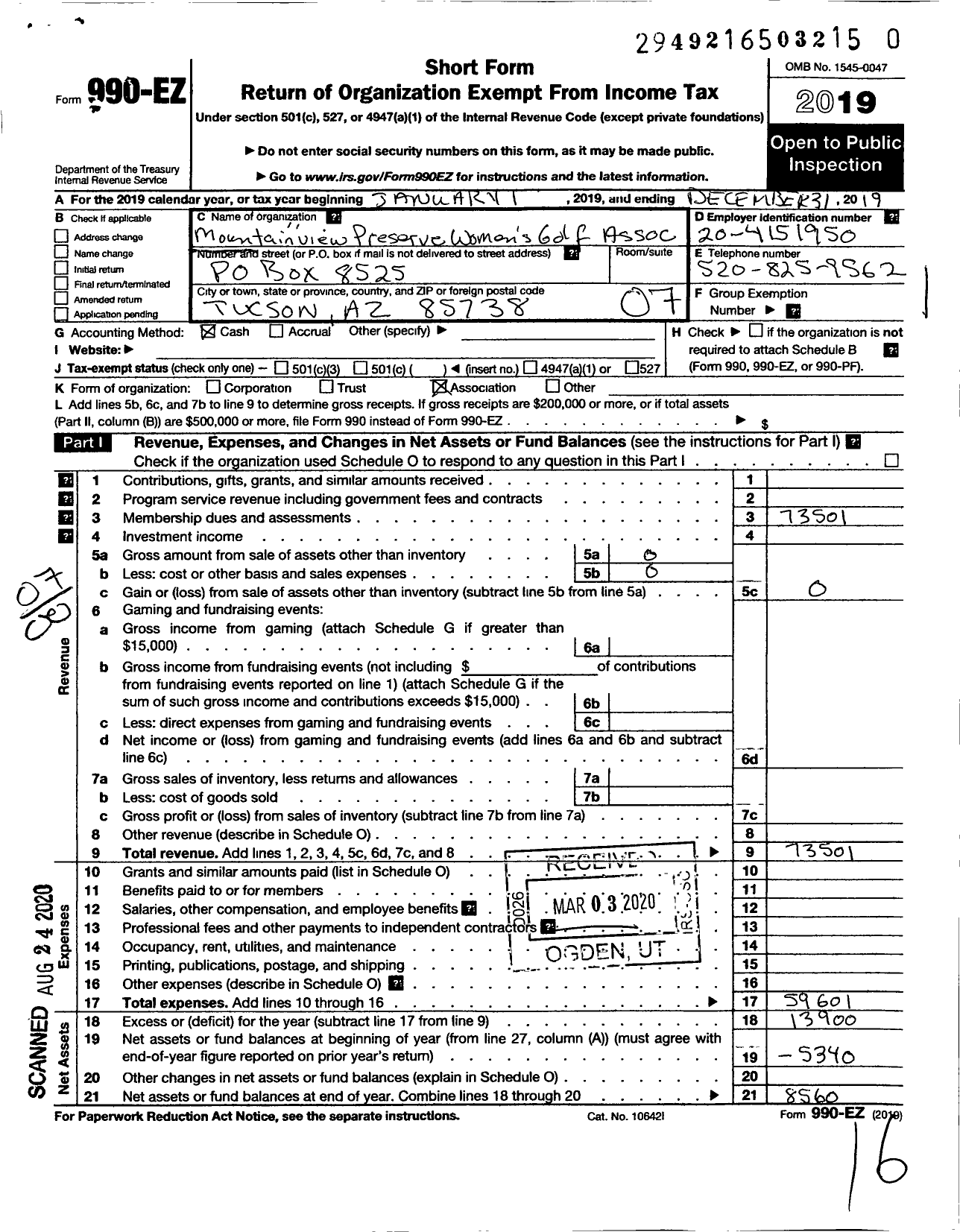 Image of first page of 2019 Form 990EO for Mountainview Preserve Womens Golf Association