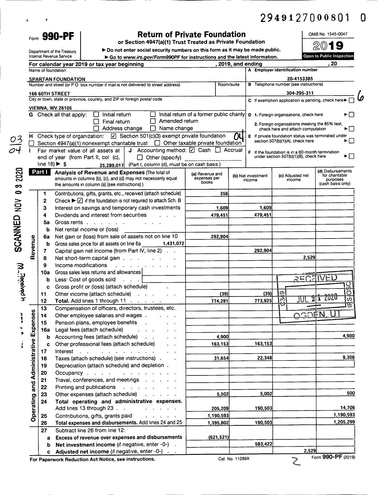 Image of first page of 2019 Form 990PF for Spartan Foundation