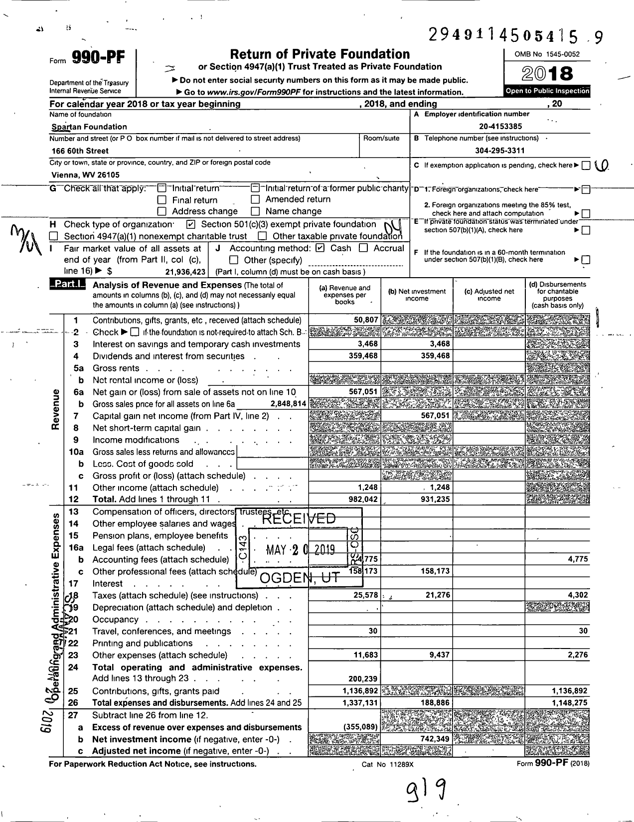Image of first page of 2018 Form 990PF for Spartan Foundation