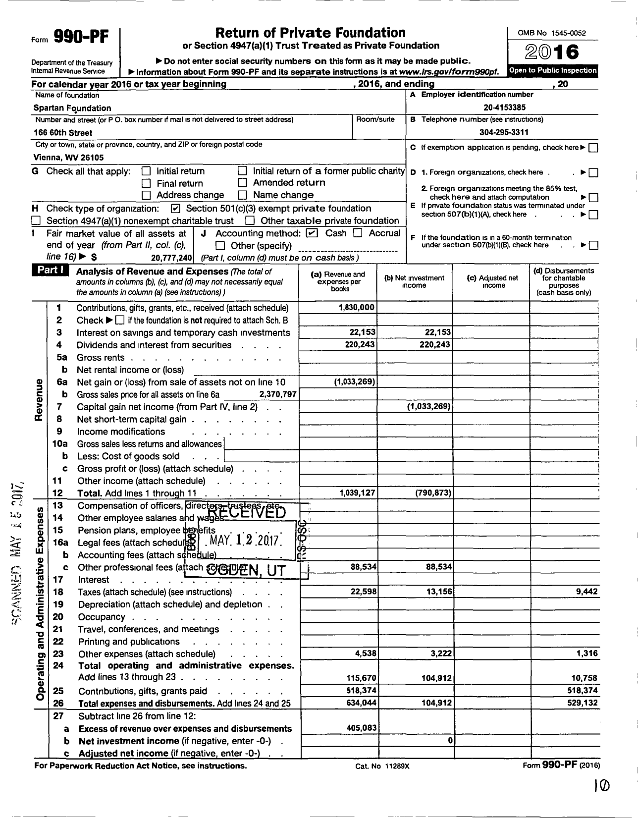 Image of first page of 2016 Form 990PF for Spartan Foundation
