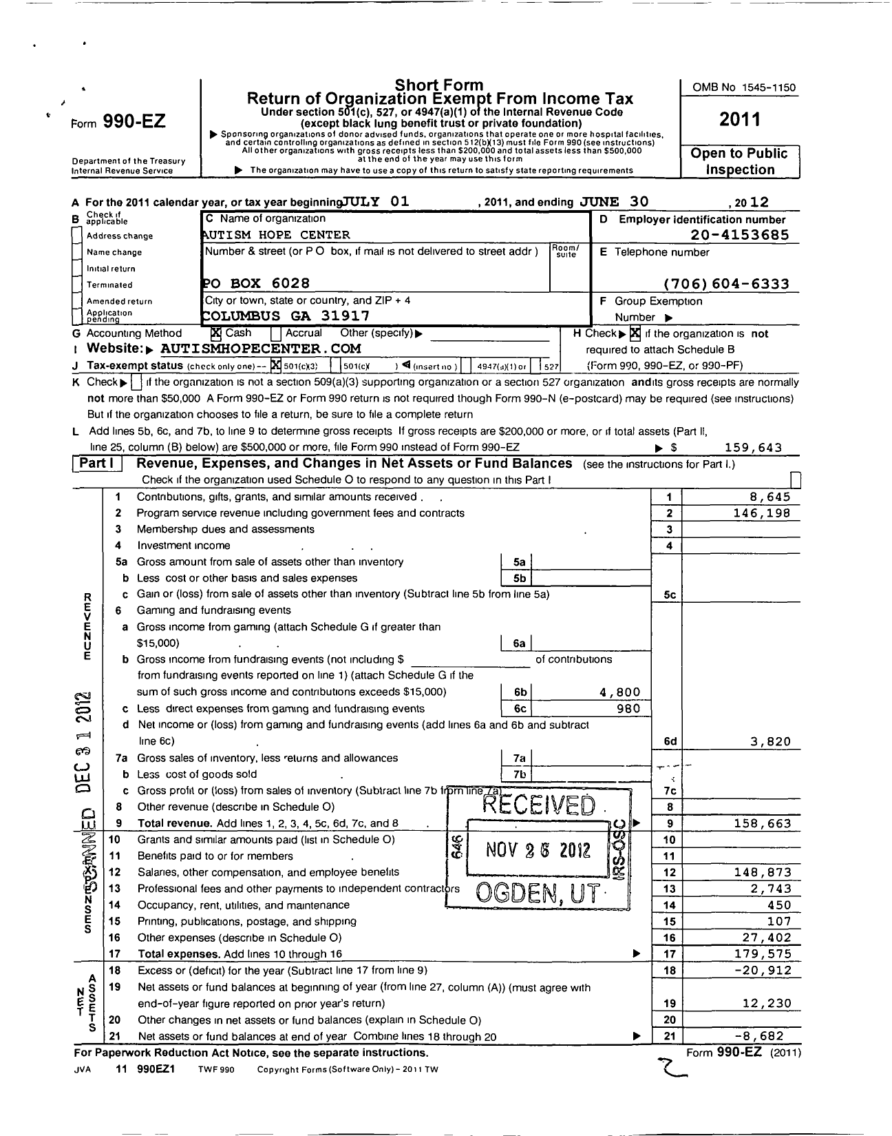 Image of first page of 2011 Form 990EZ for Autism Hope Center