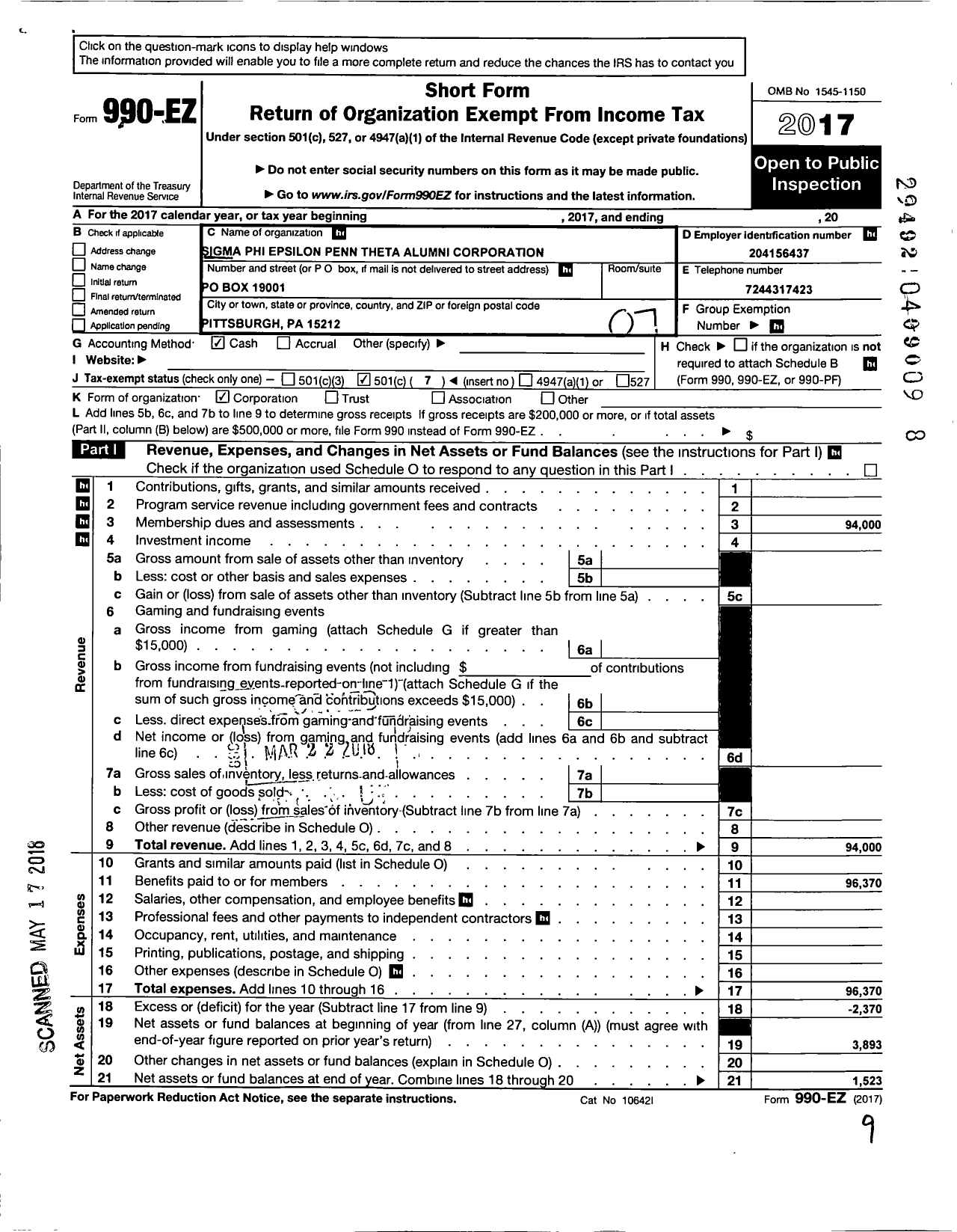 Image of first page of 2017 Form 990EO for Pa Theta Alumni Corporation