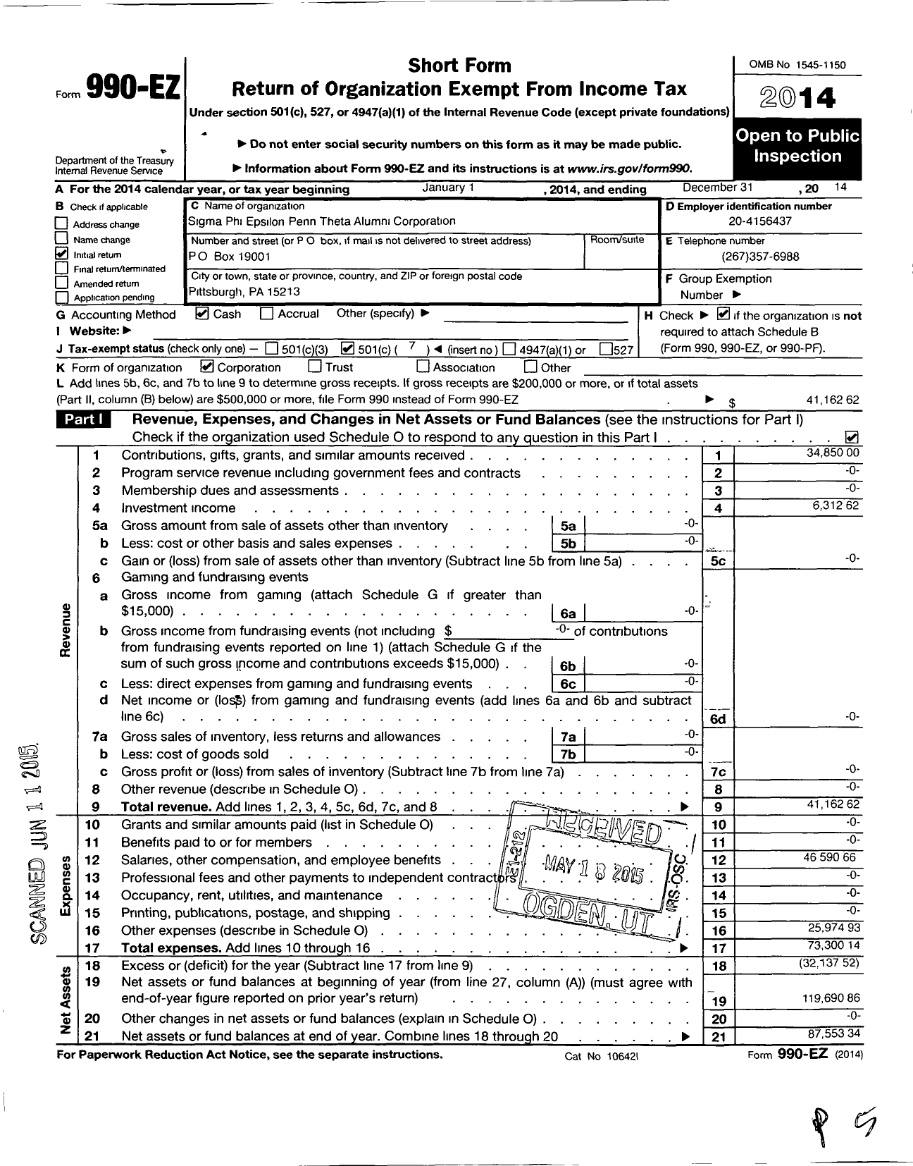 Image of first page of 2014 Form 990EO for Pa Theta Alumni Corporation