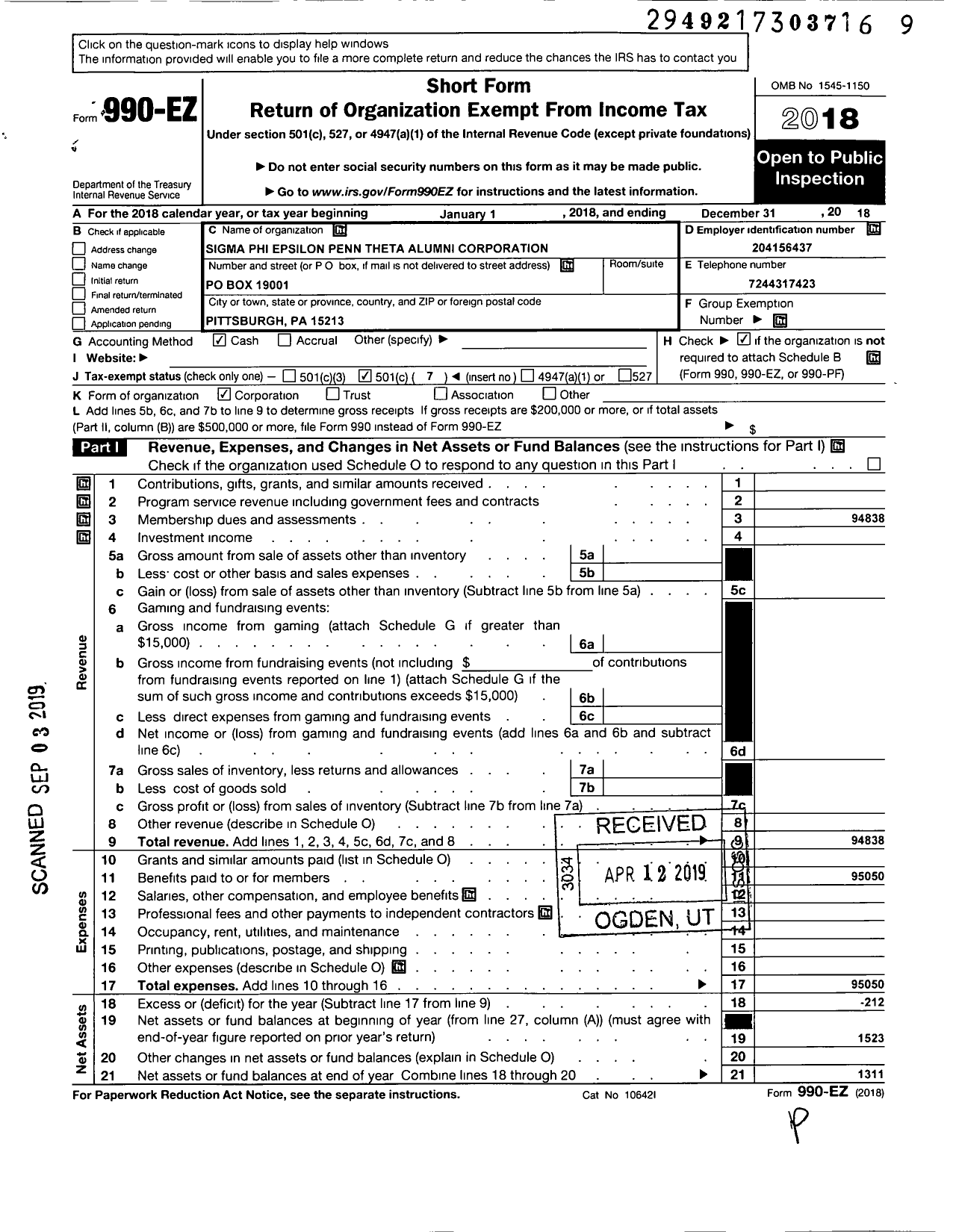 Image of first page of 2018 Form 990EO for Pa Theta Alumni Corporation