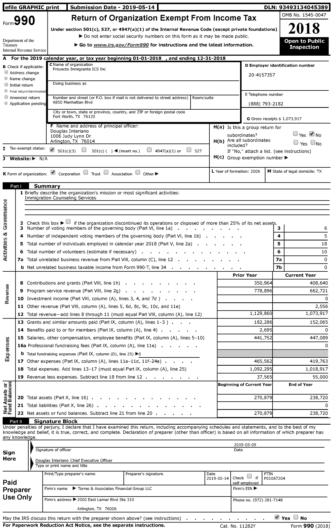 Image of first page of 2018 Form 990 for Proyecto Inmigrante ICS