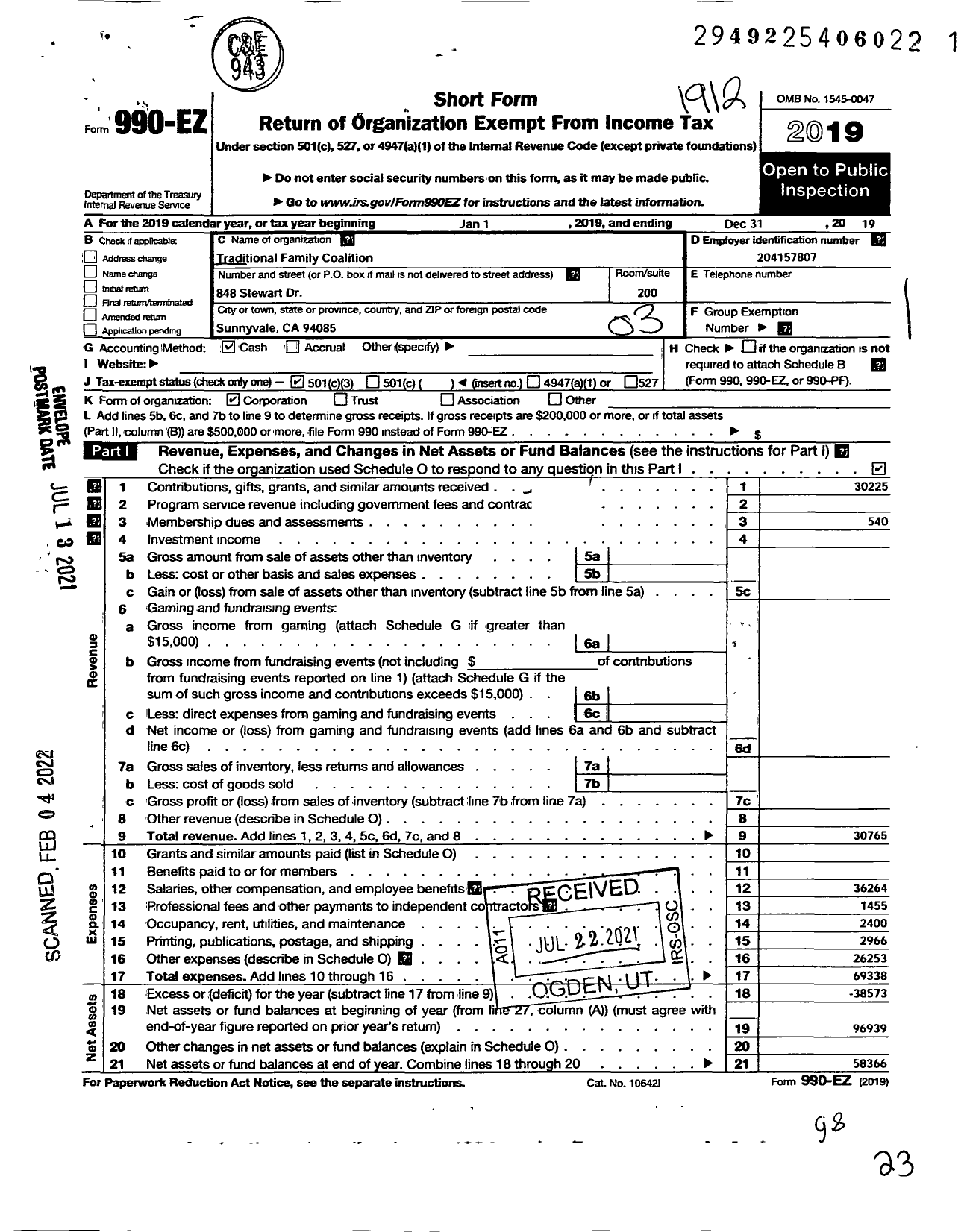 Image of first page of 2019 Form 990EZ for Traditional Family Coalition