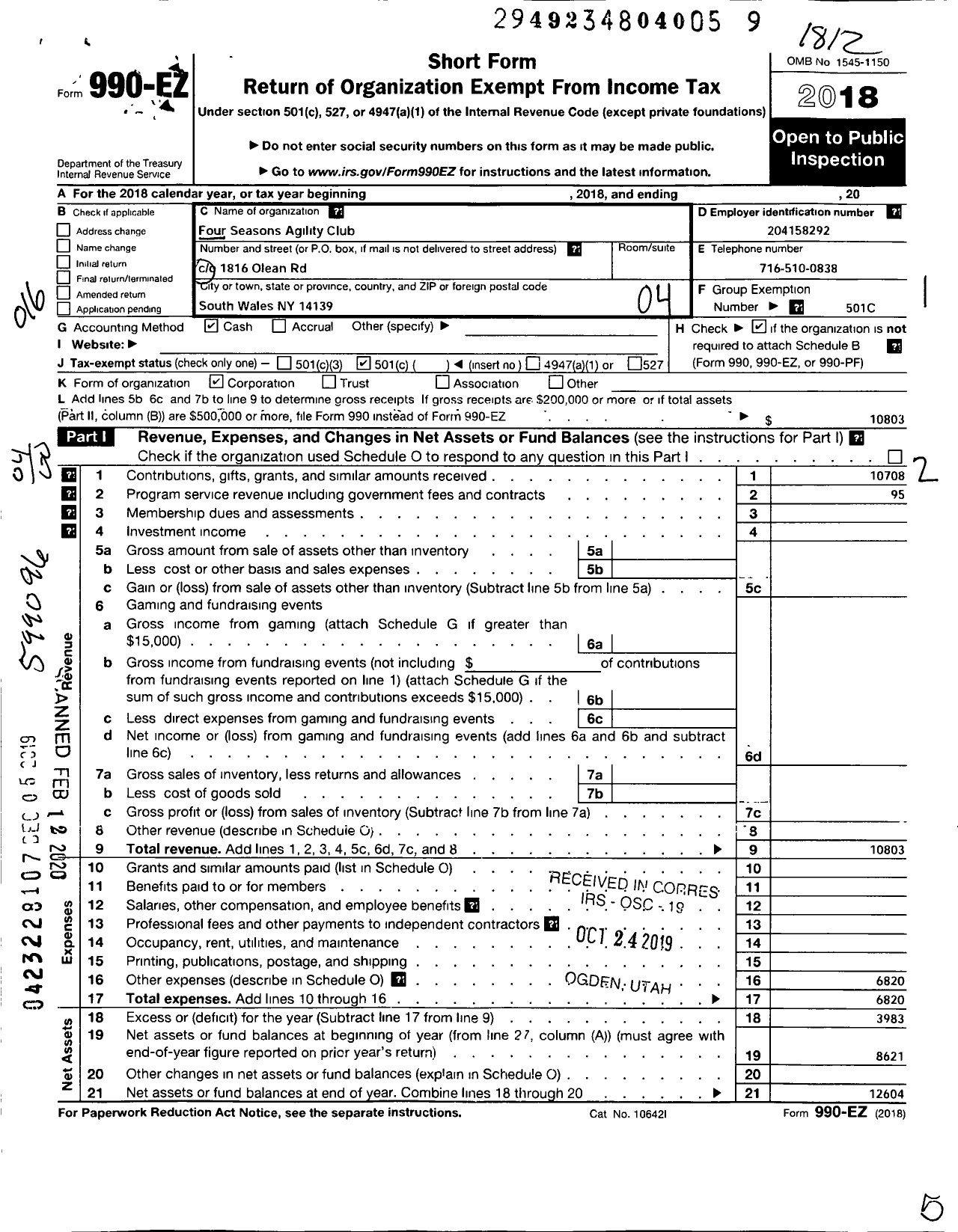 Image of first page of 2018 Form 990EO for Four Seasons Agility Club