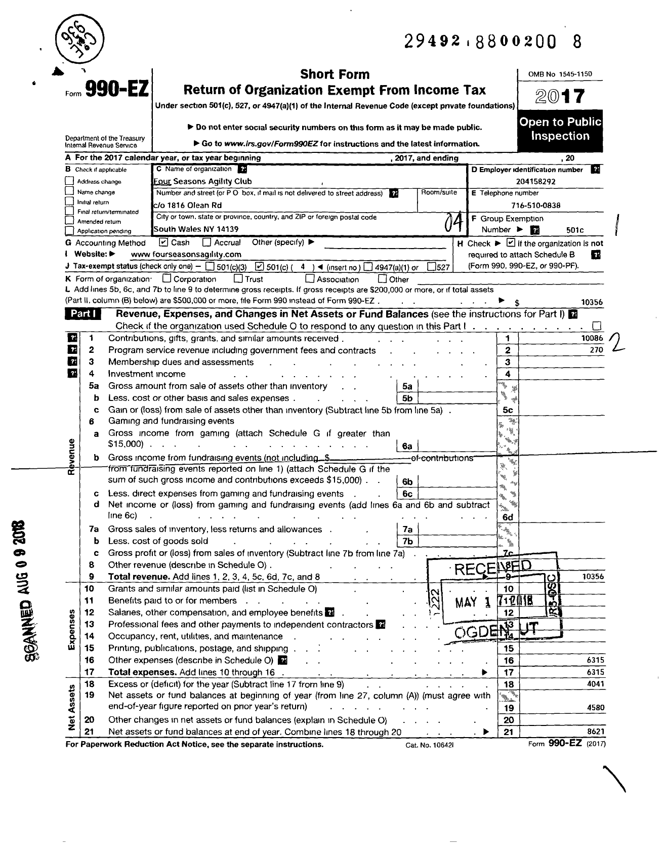 Image of first page of 2017 Form 990EO for Four Seasons Agility Club