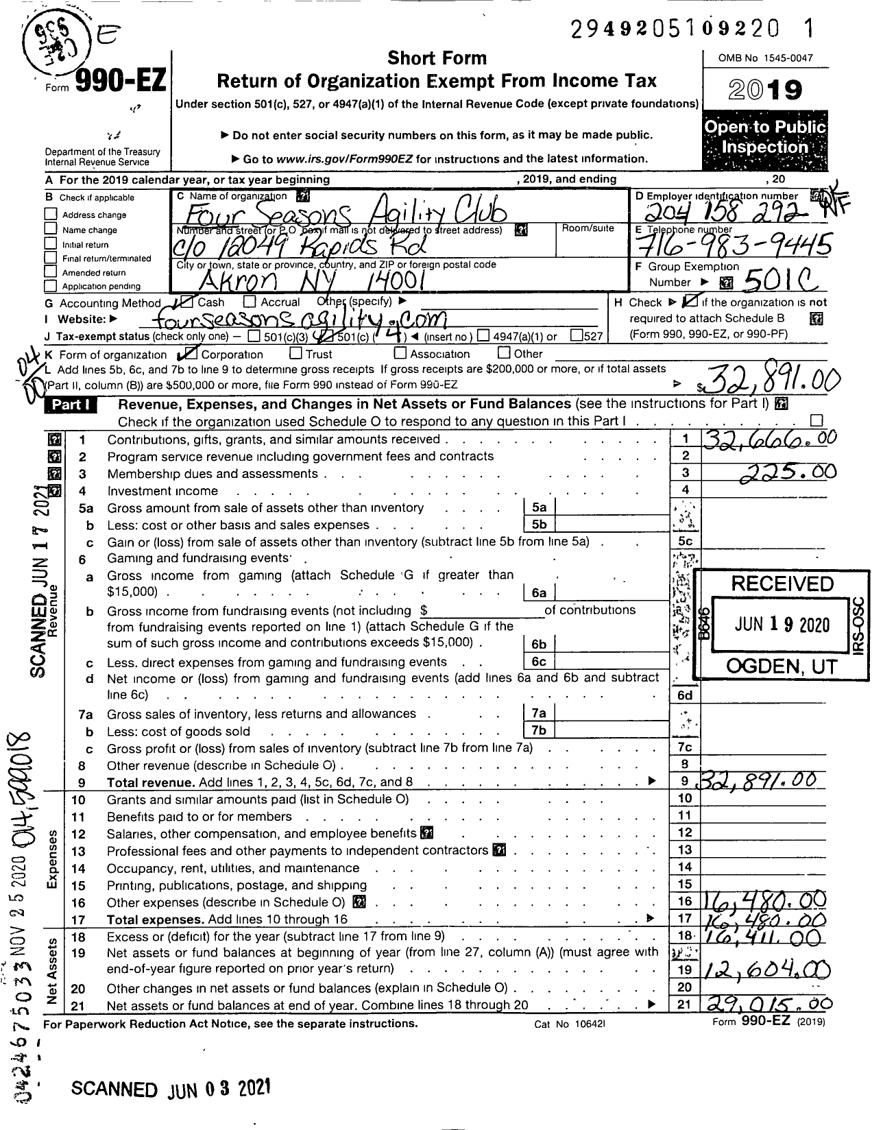 Image of first page of 2019 Form 990EO for Four Seasons Agility Club