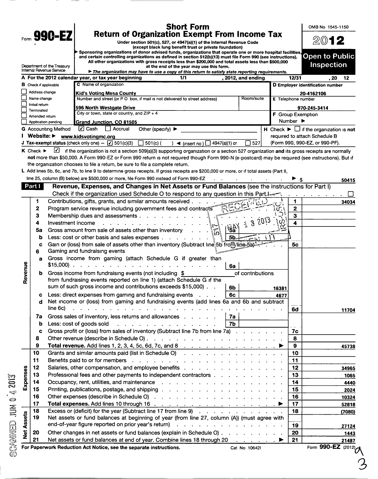 Image of first page of 2012 Form 990EZ for Kids Voting Mesa County