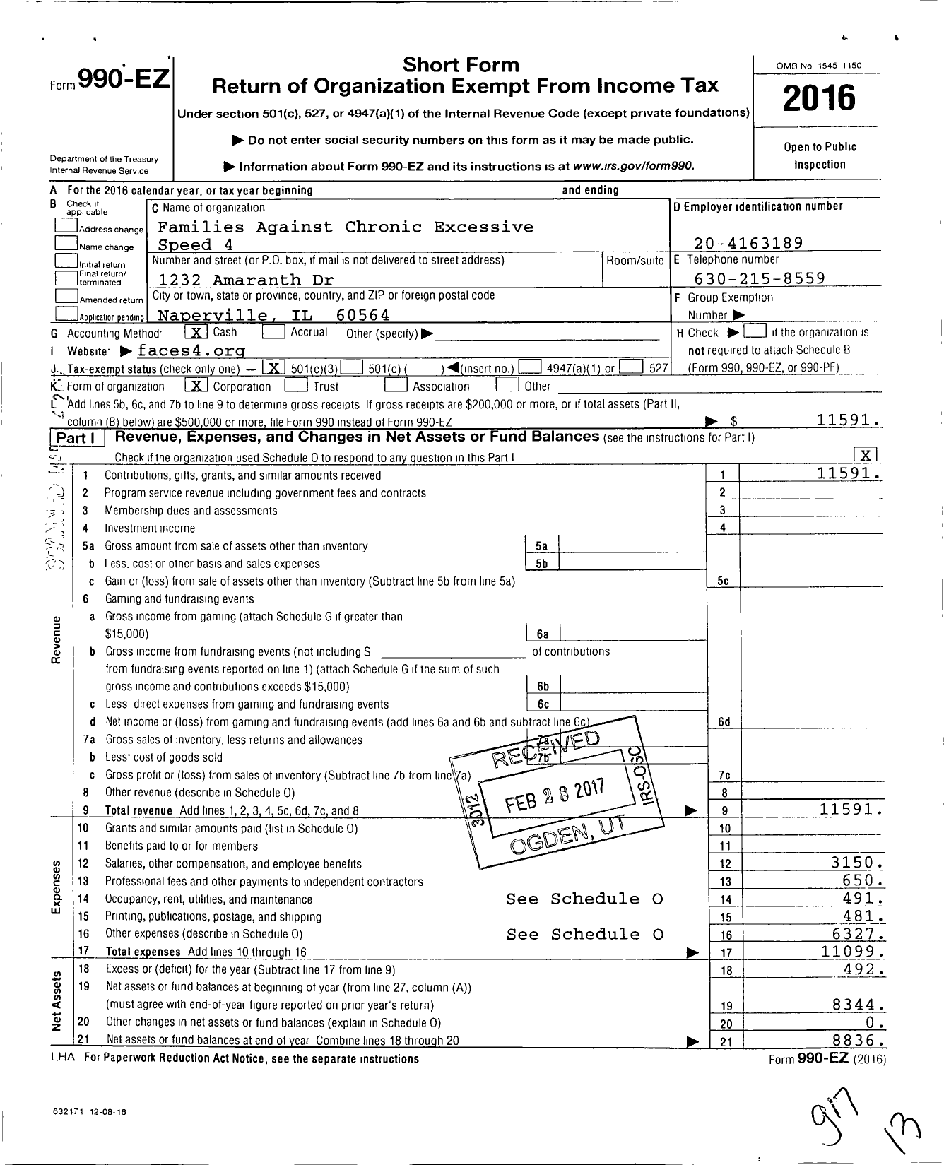 Image of first page of 2016 Form 990EZ for Families Against Chronic Excessive Speed 4