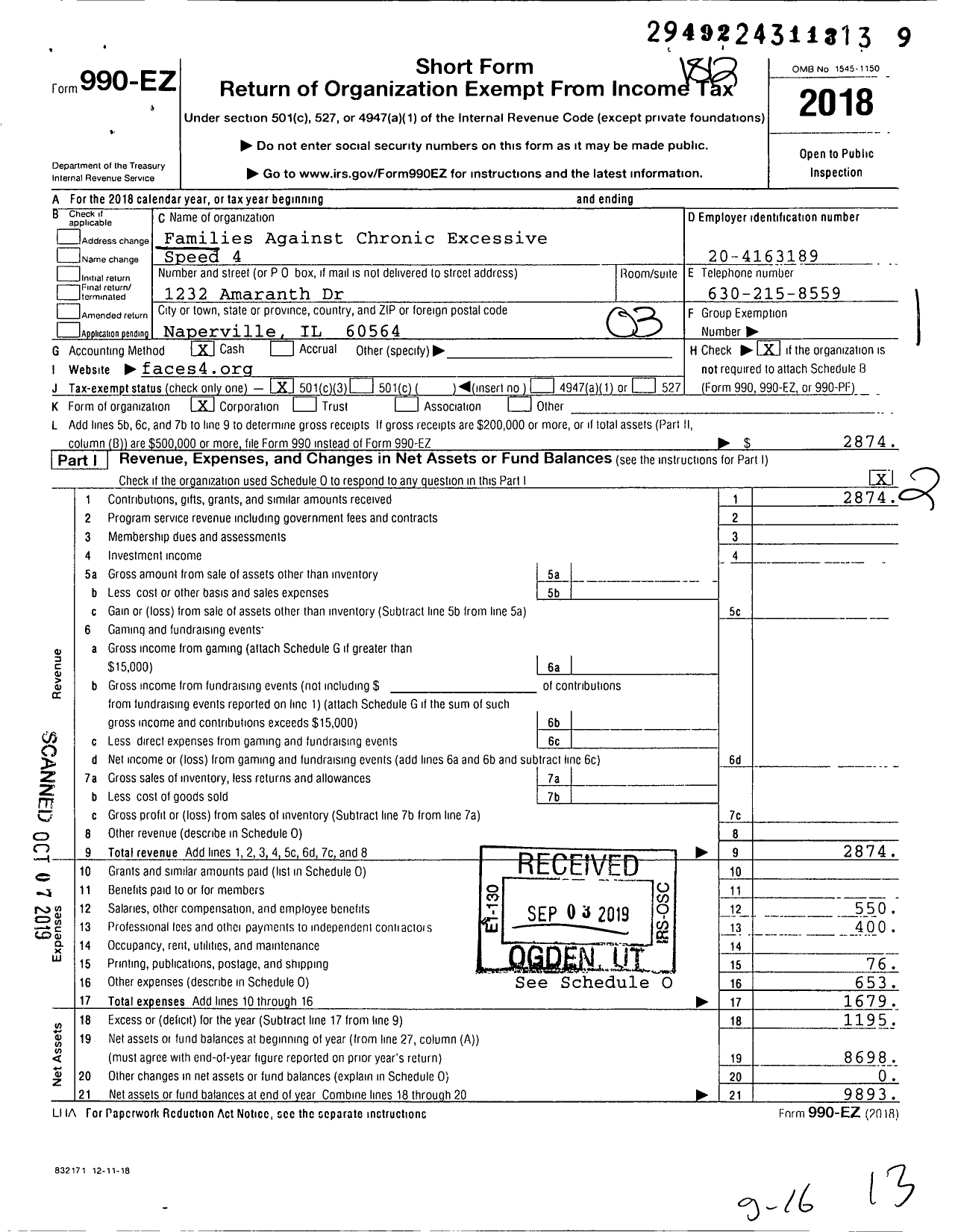 Image of first page of 2018 Form 990EZ for Families Against Chronic Excessive Speed 4