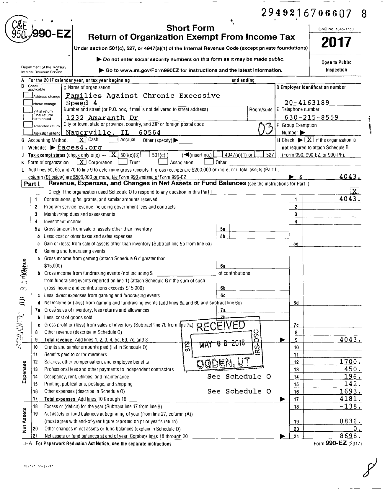 Image of first page of 2017 Form 990EZ for Families Against Chronic Excessive Speed 4