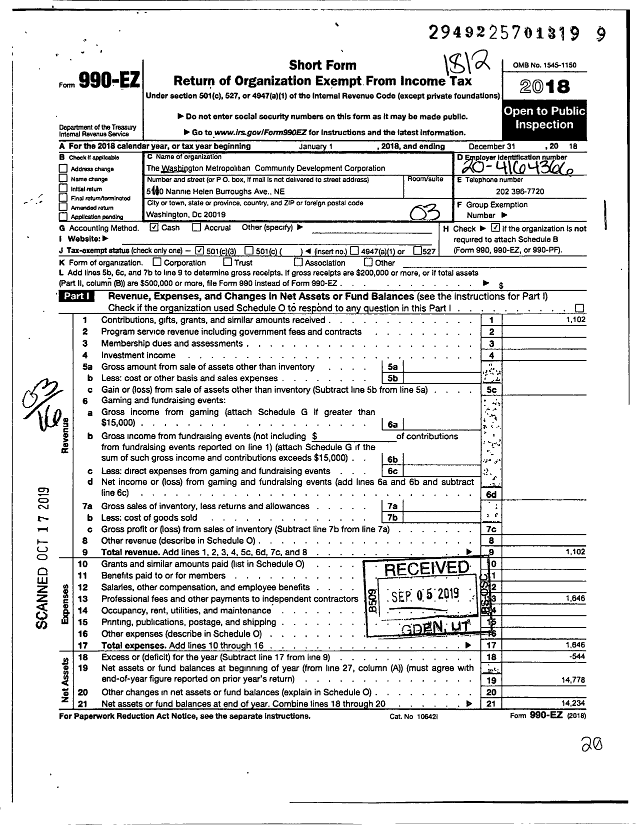 Image of first page of 2018 Form 990EZ for Washington Metropolitan Communitydevelopment Corporation