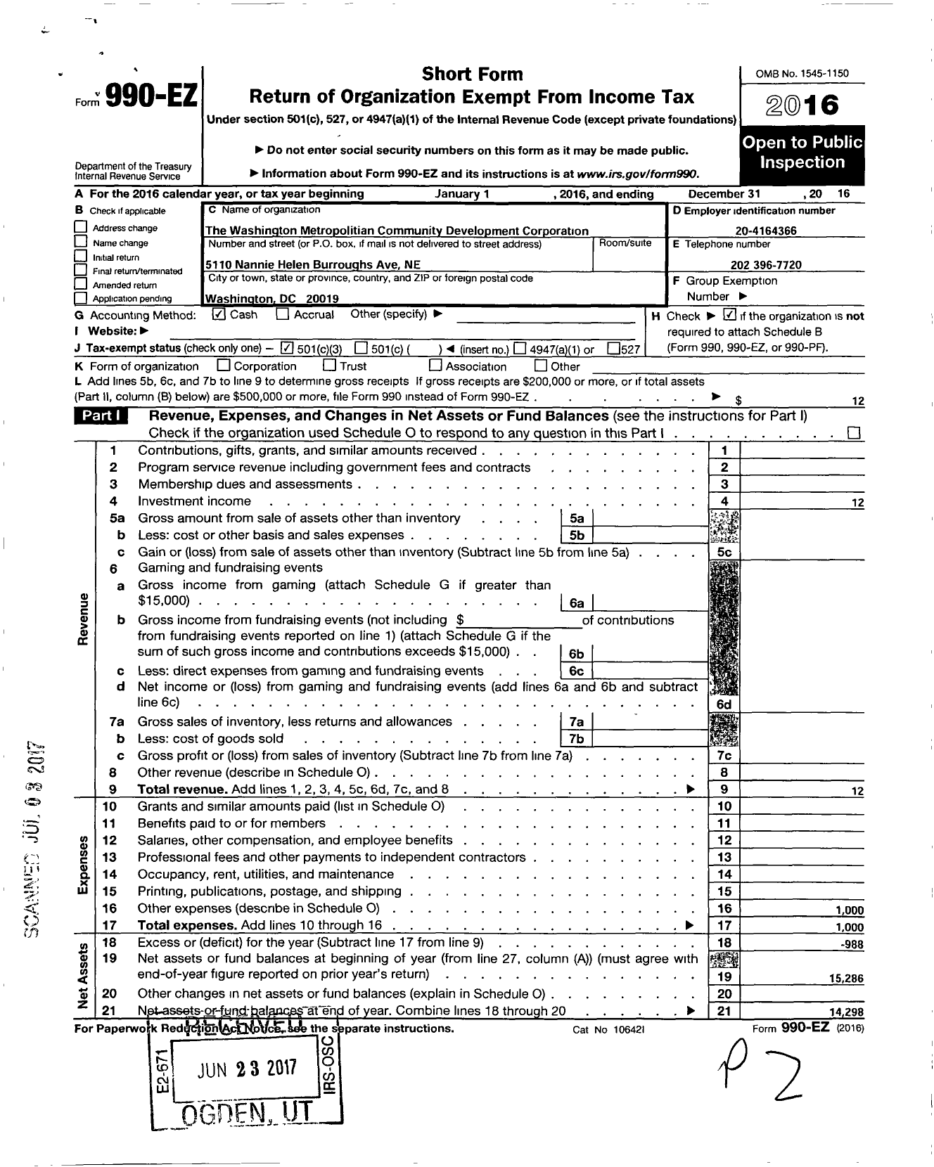 Image of first page of 2016 Form 990EZ for Washington Metropolitan Communitydevelopment Corporation