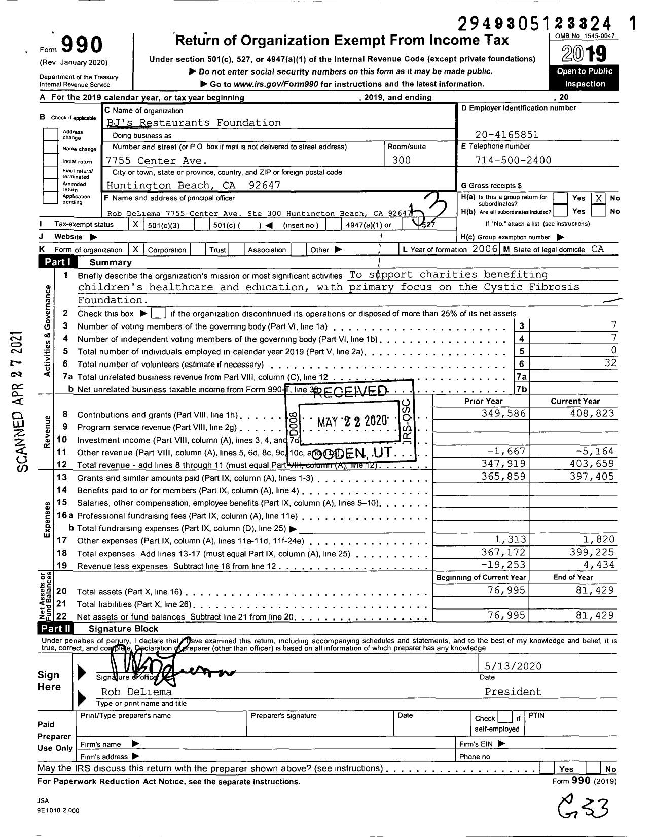 Image of first page of 2019 Form 990 for BJ's Restaurants Foundation