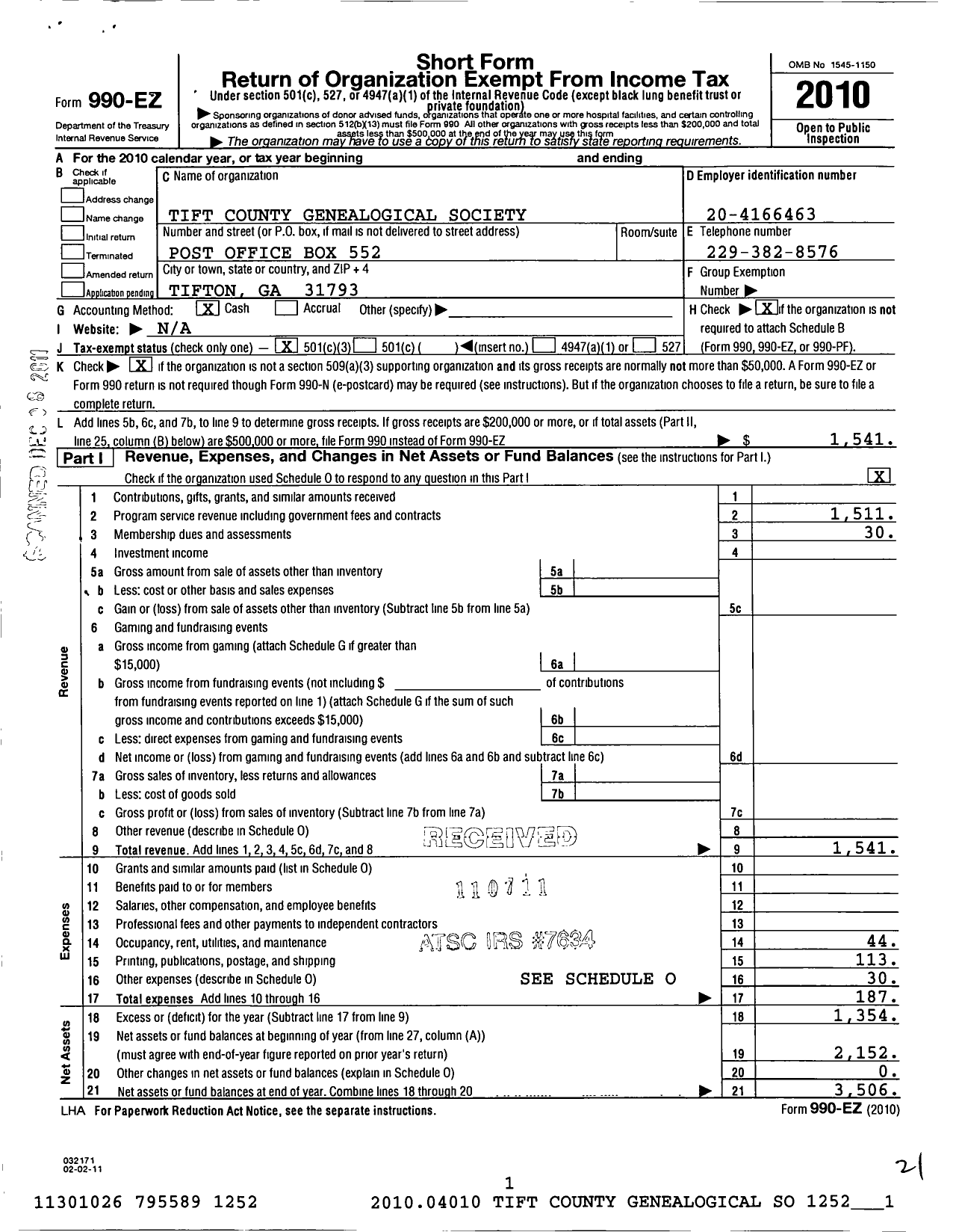 Image of first page of 2010 Form 990EZ for Tift County Genealogical Society