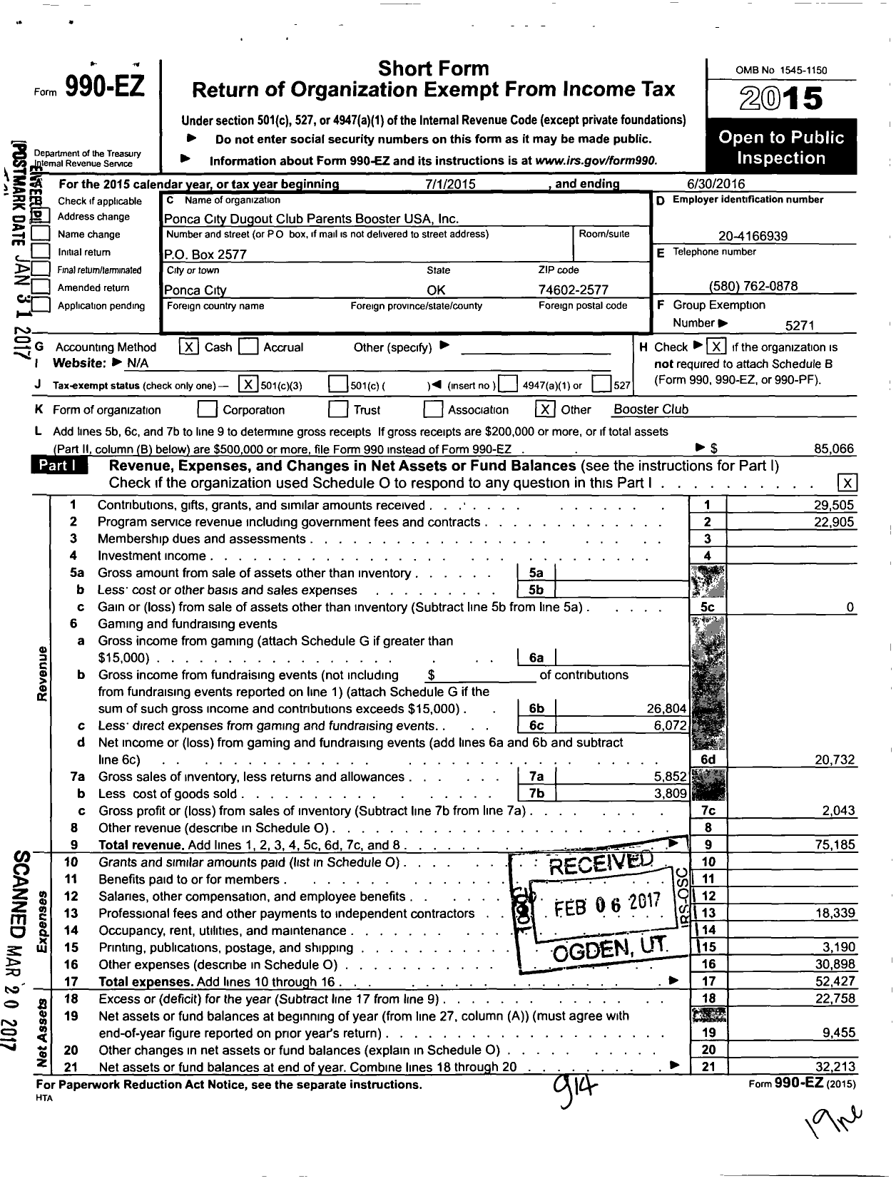 Image of first page of 2015 Form 990EZ for Parent Booster USA / Ponca City Dugout Club