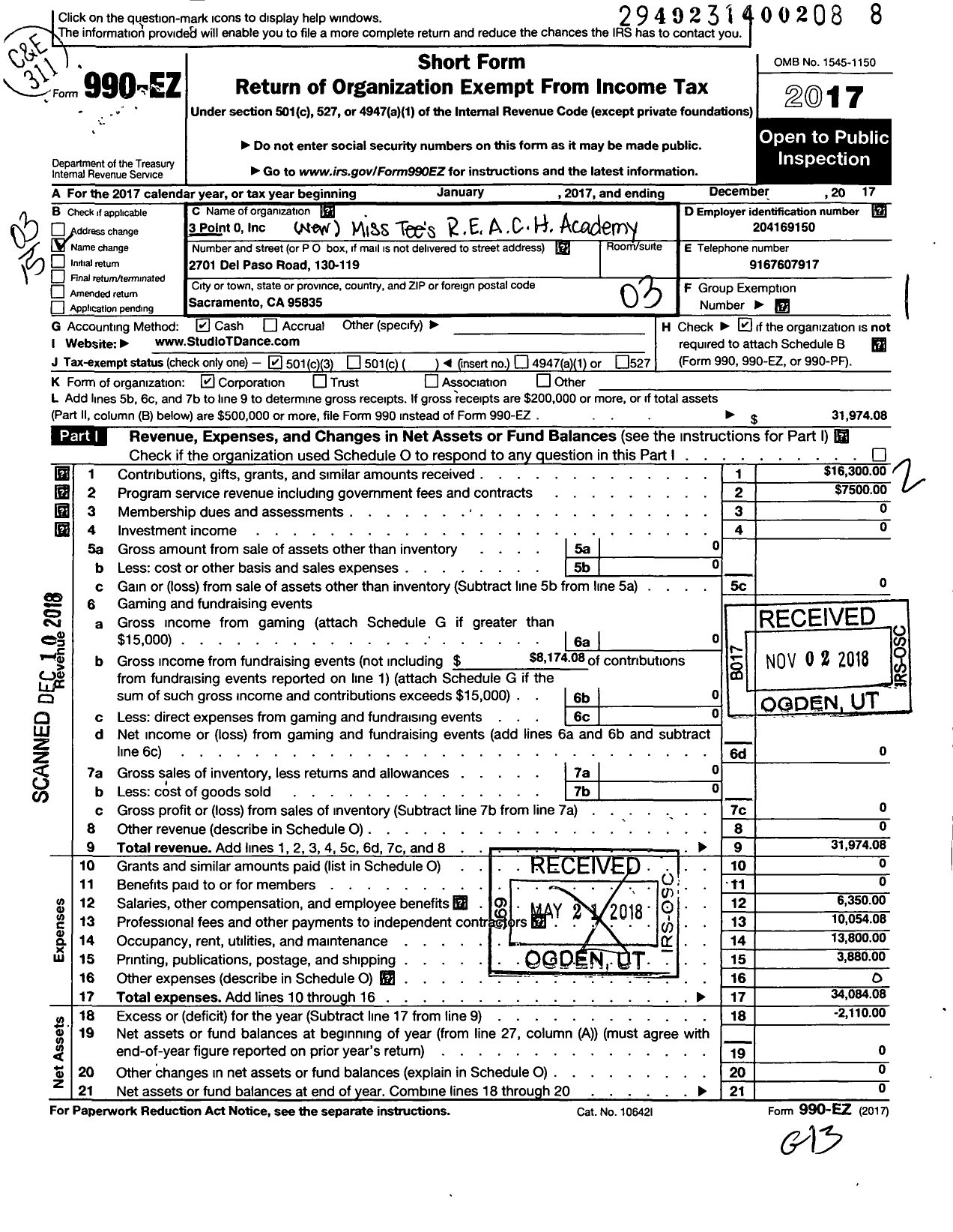 Image of first page of 2017 Form 990EZ for 3 Point 0 - Studio T Arts and Entertainment