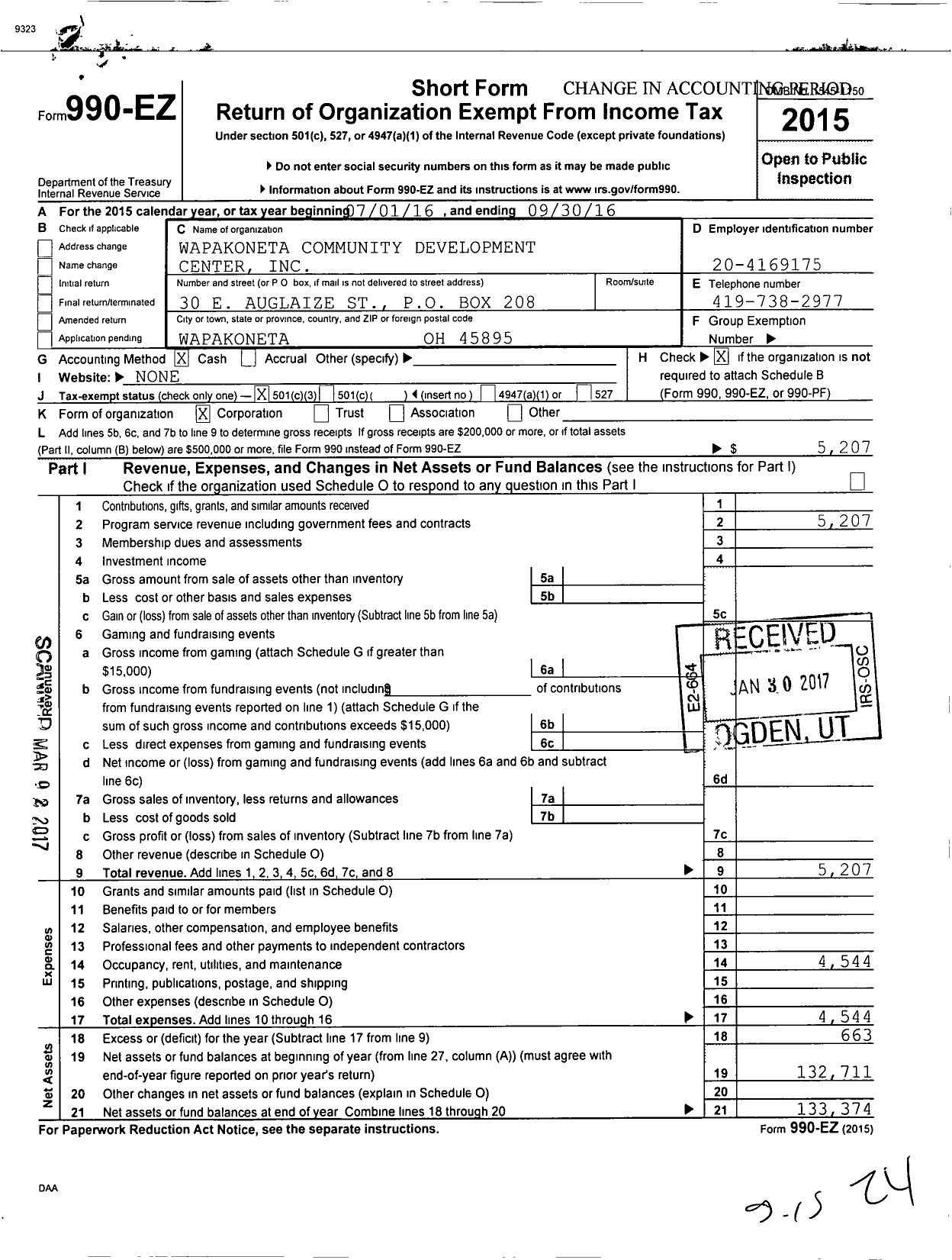 Image of first page of 2015 Form 990EZ for Wapakoneta Community Development Center