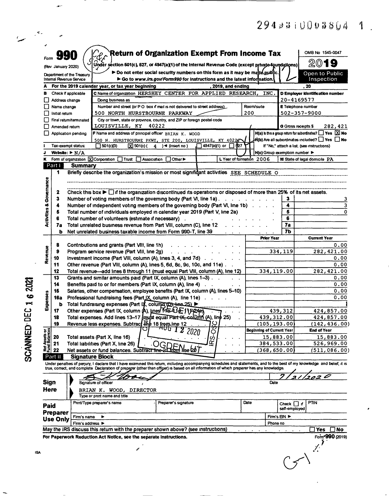 Image of first page of 2019 Form 990O for Hershey Center for Applied Research