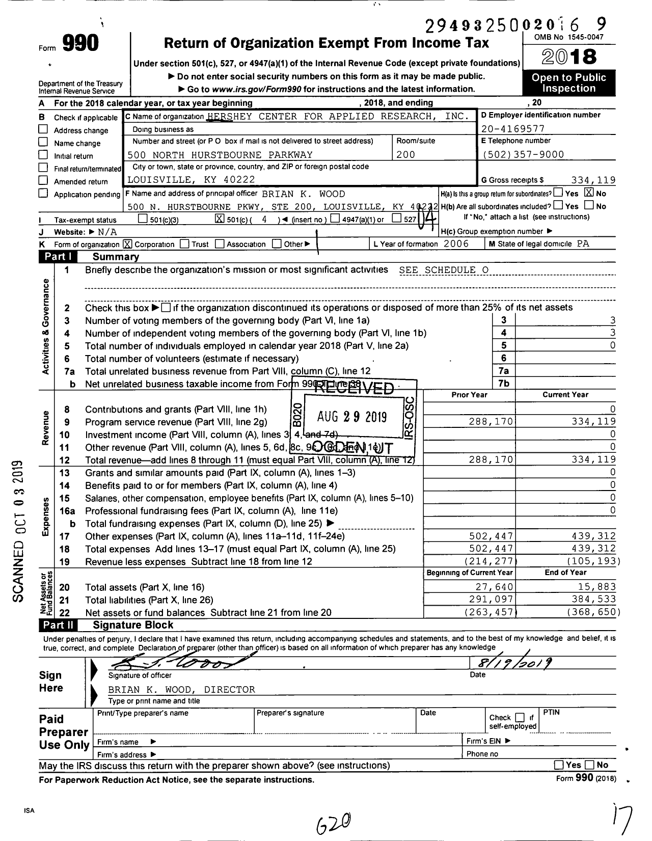 Image of first page of 2018 Form 990O for Hershey Center for Applied Research