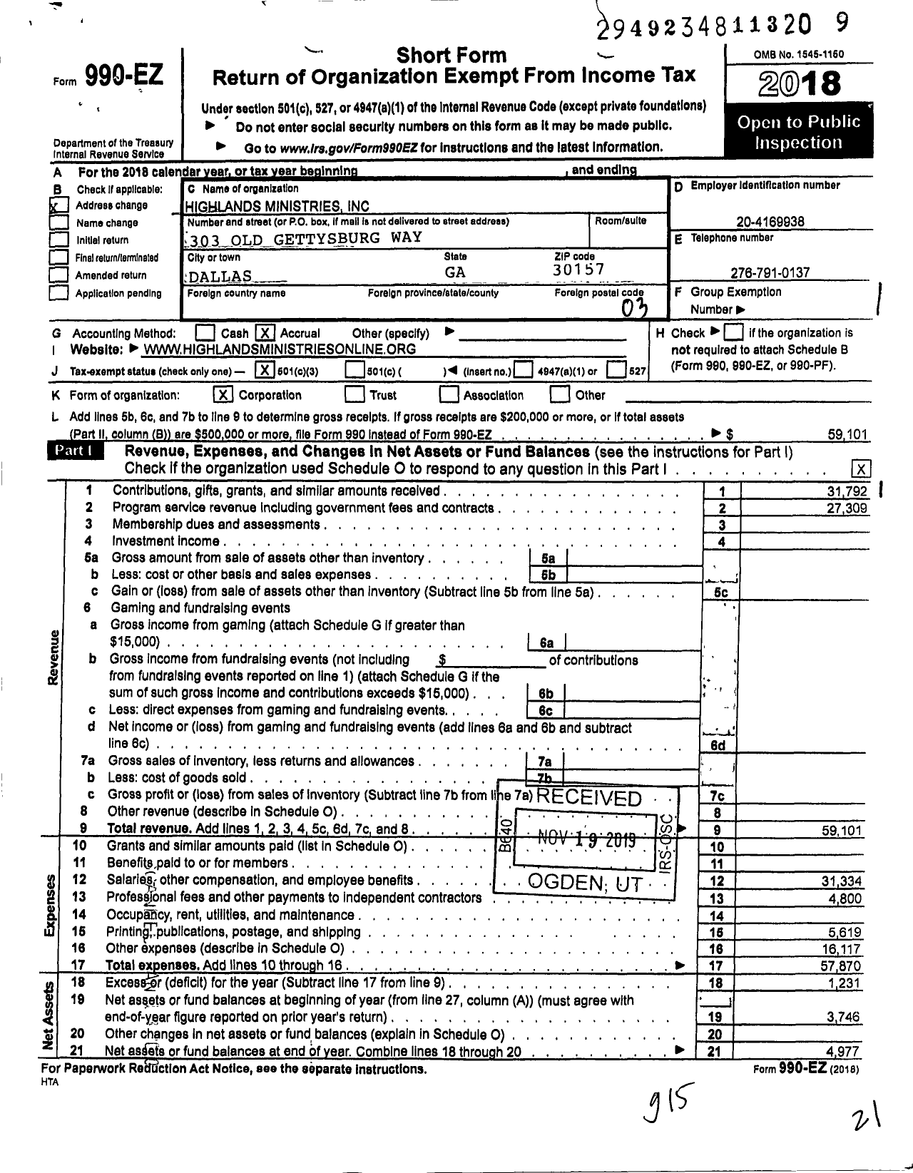 Image of first page of 2018 Form 990EZ for Highlands Ministries