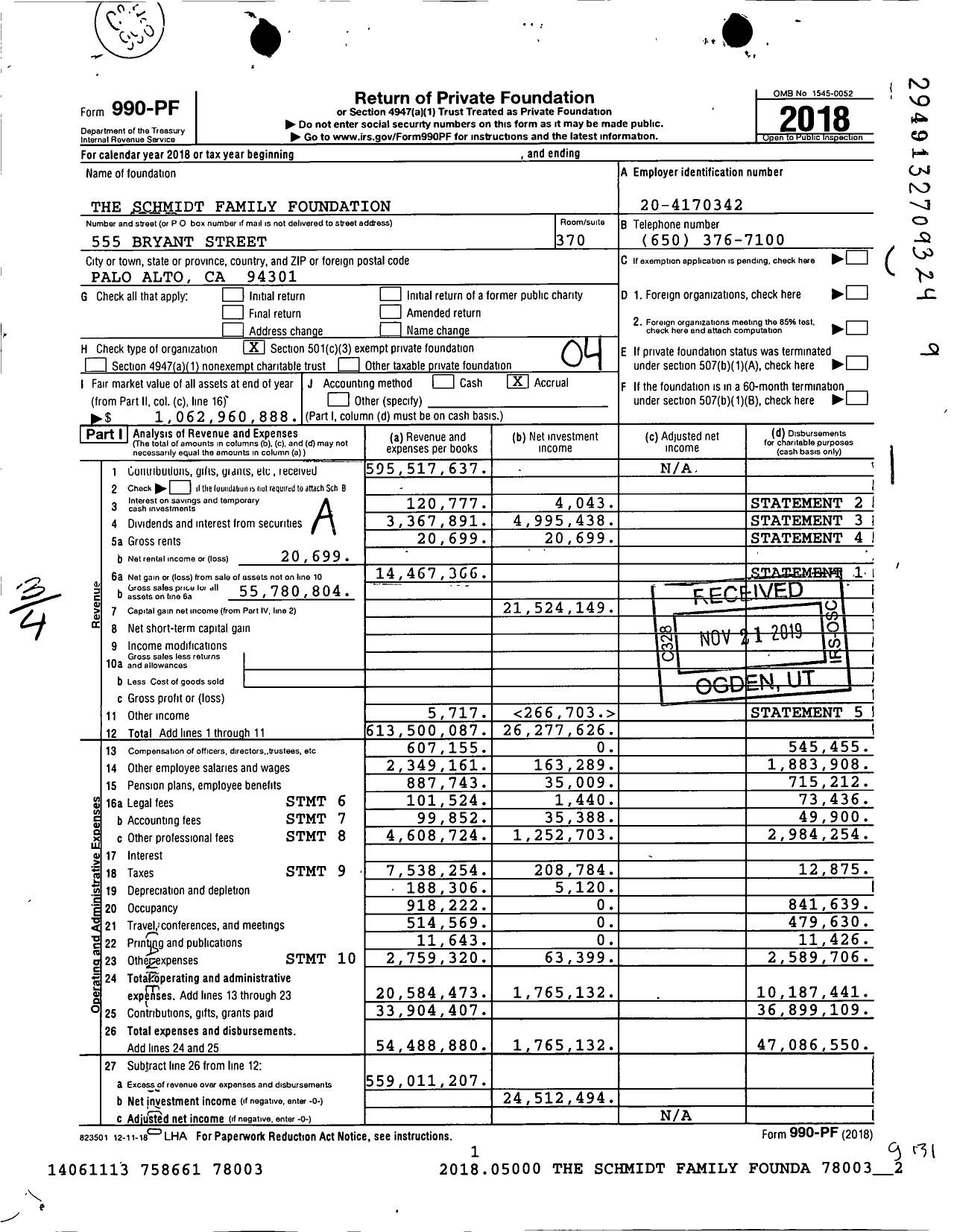 Image of first page of 2018 Form 990PF for The Schmidt Family Foundation (TSFF)