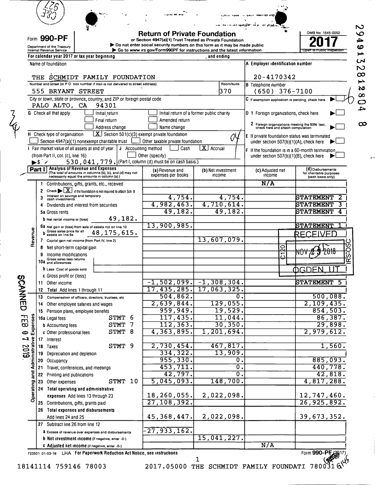 Image of first page of 2017 Form 990PF for The Schmidt Family Foundation (TSFF)