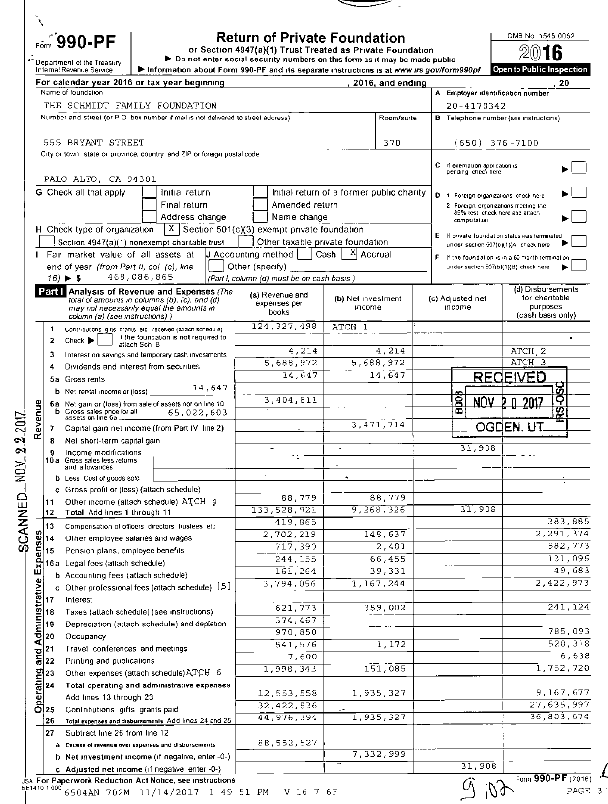 Image of first page of 2016 Form 990PF for The Schmidt Family Foundation (TSFF)