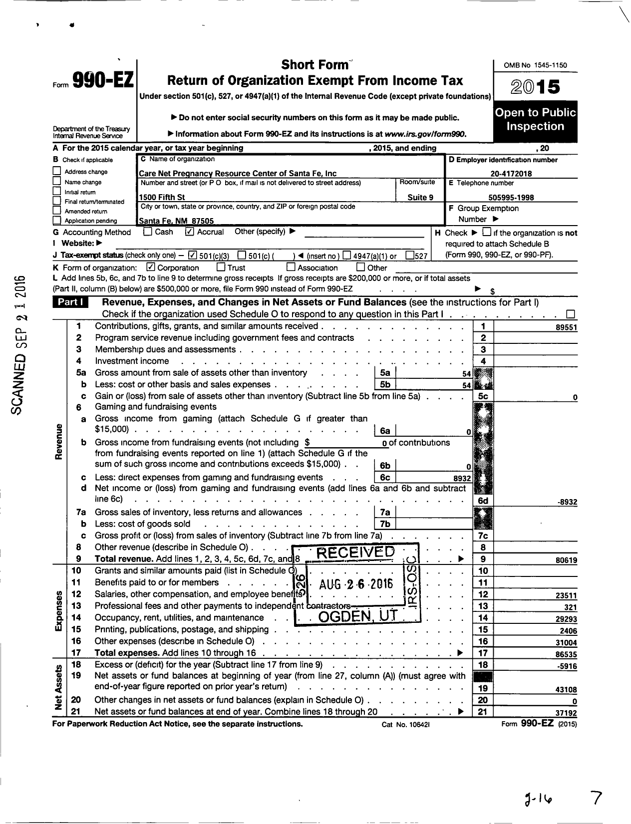 Image of first page of 2015 Form 990EZ for Care Net Pregnancy Resource Center of Santa Fe