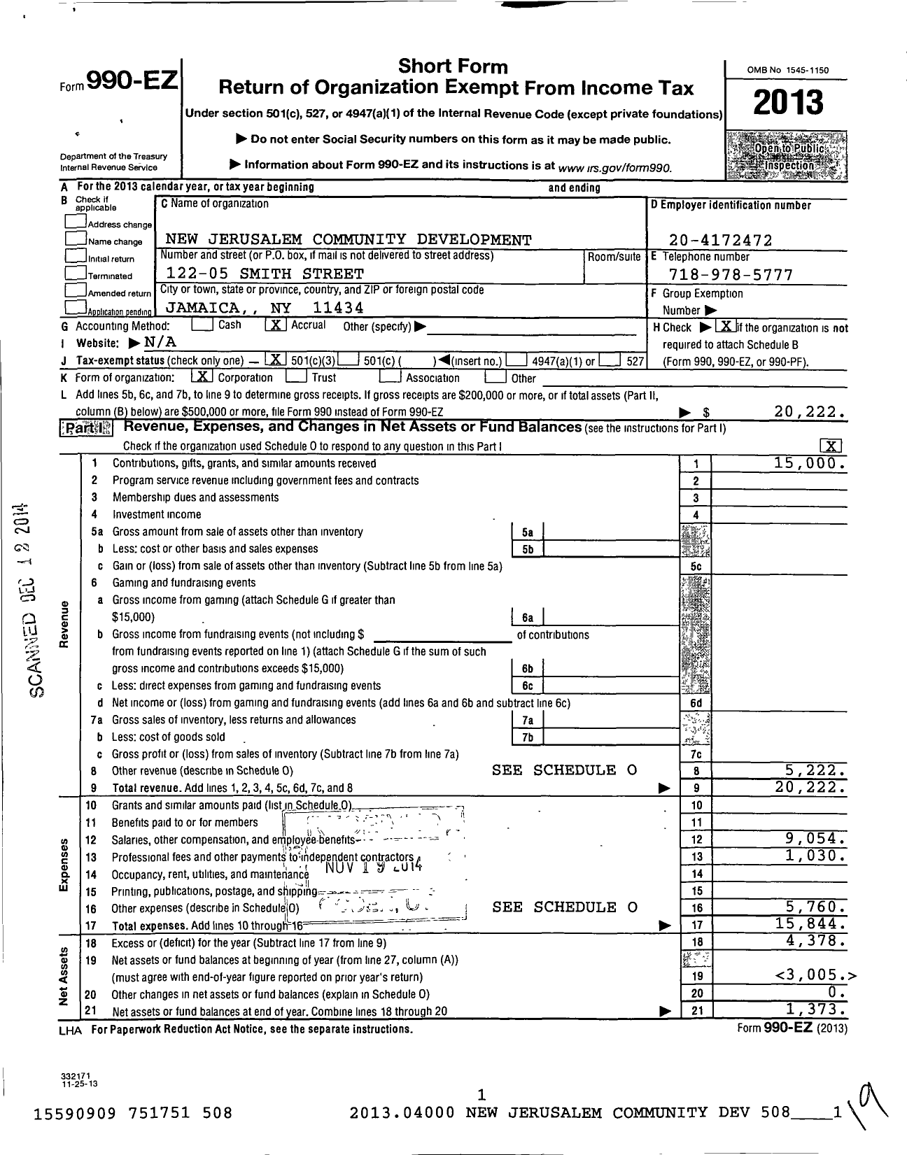 Image of first page of 2013 Form 990EZ for New Jerusalem Community Development Corporation