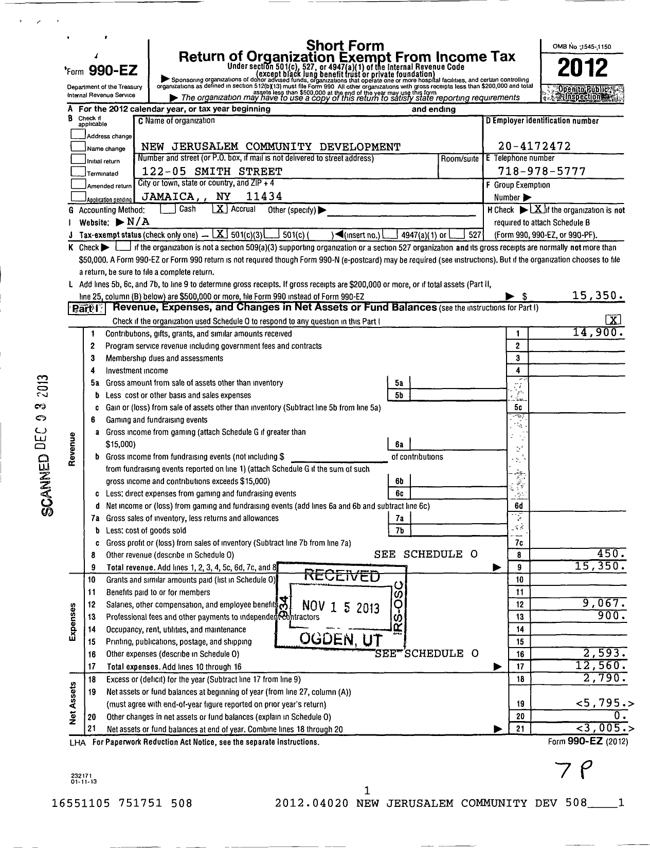 Image of first page of 2012 Form 990EZ for New Jerusalem Community Development Corporation