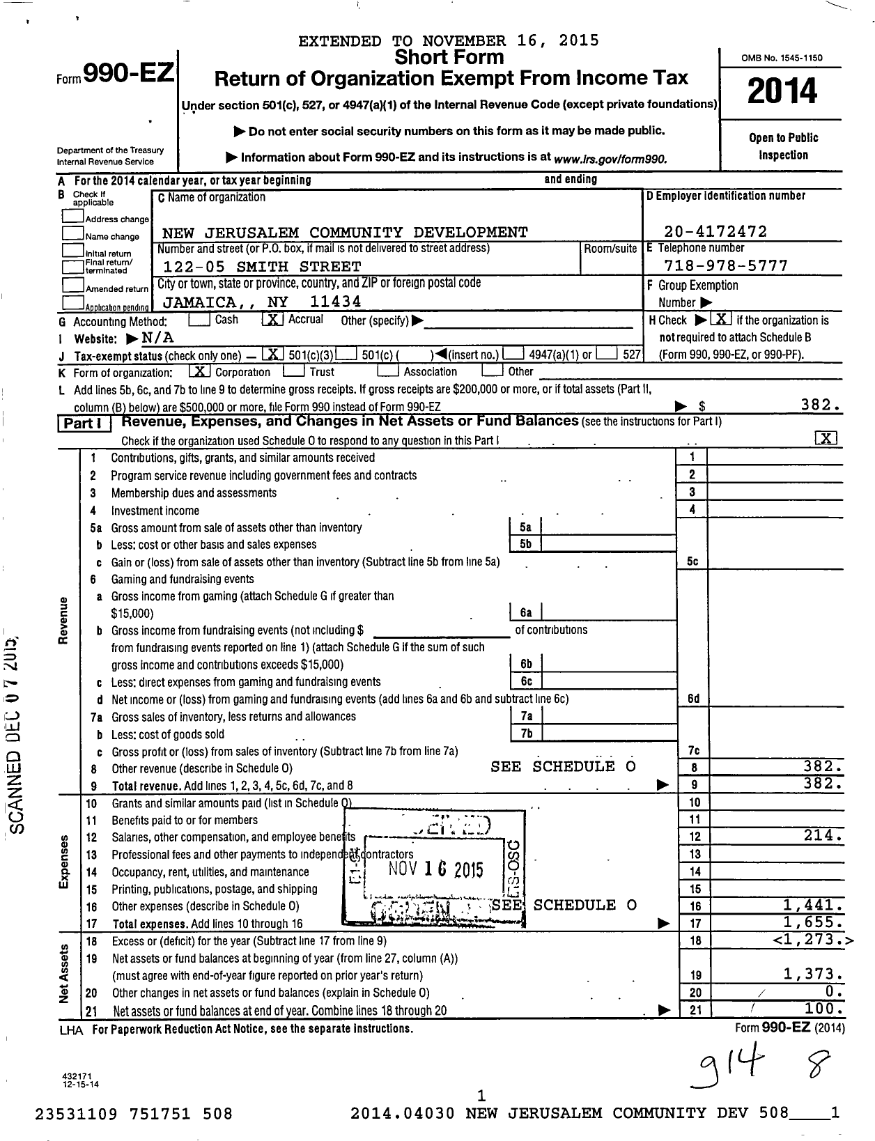 Image of first page of 2014 Form 990EZ for New Jerusalem Community Development Corporation