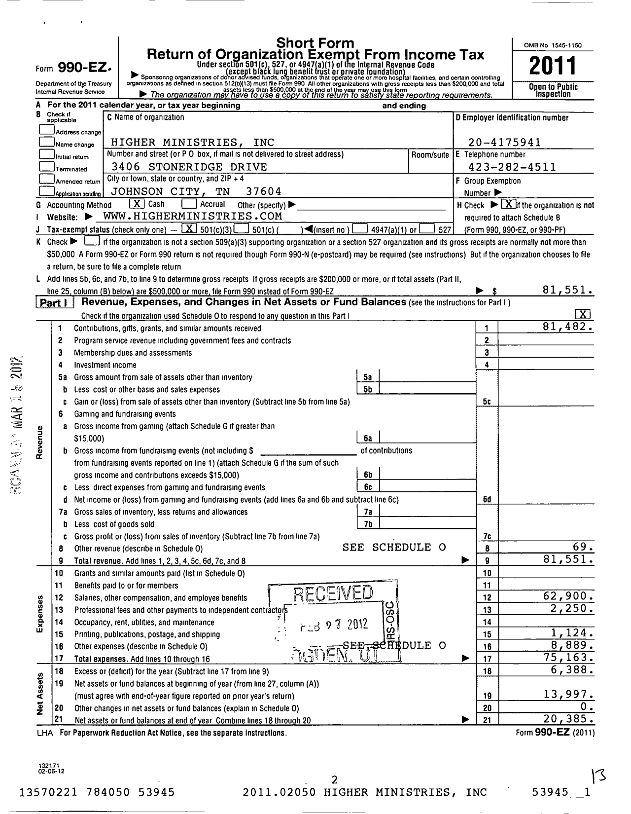 Image of first page of 2011 Form 990EZ for Higher Ministries