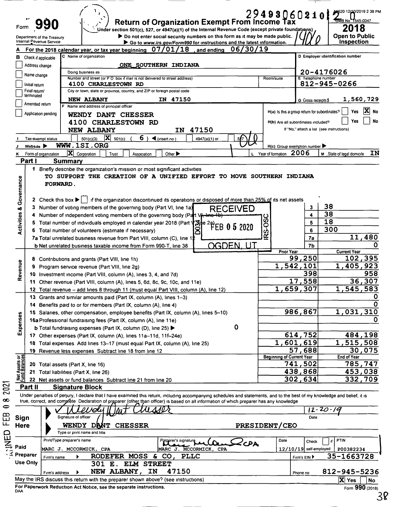 Image of first page of 2018 Form 990O for One Southern Indiana
