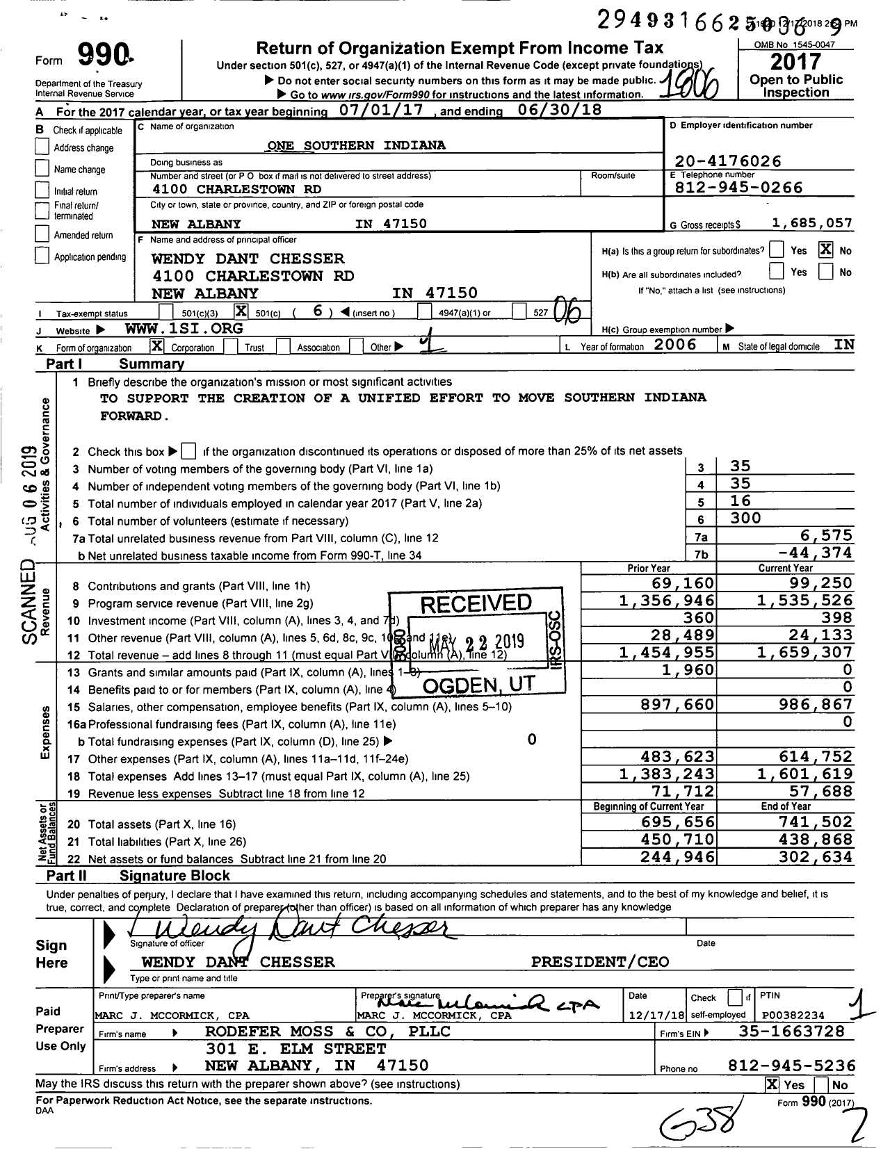 Image of first page of 2017 Form 990O for One Southern Indiana